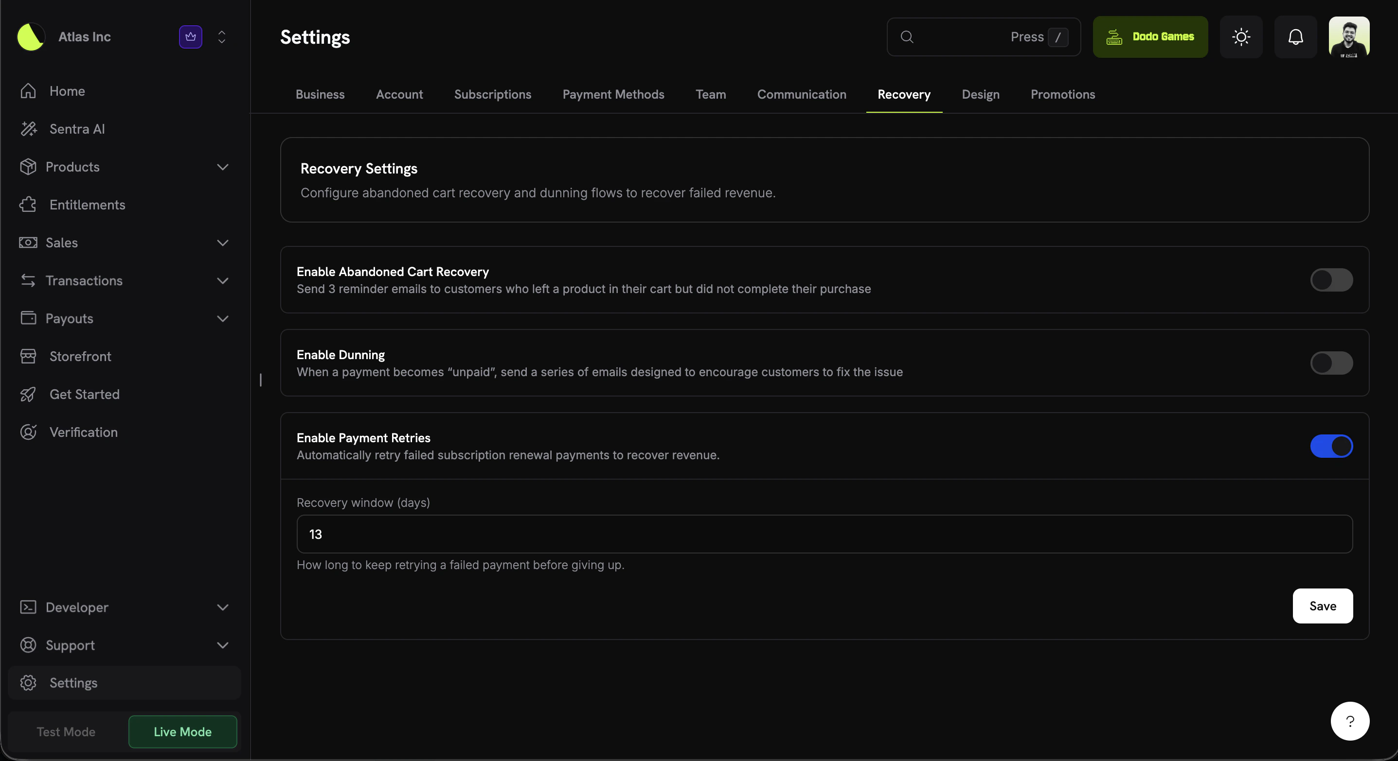 Recovery Settings page with the Enable Payment Retries toggle on and a Recovery window (days) field set to 13