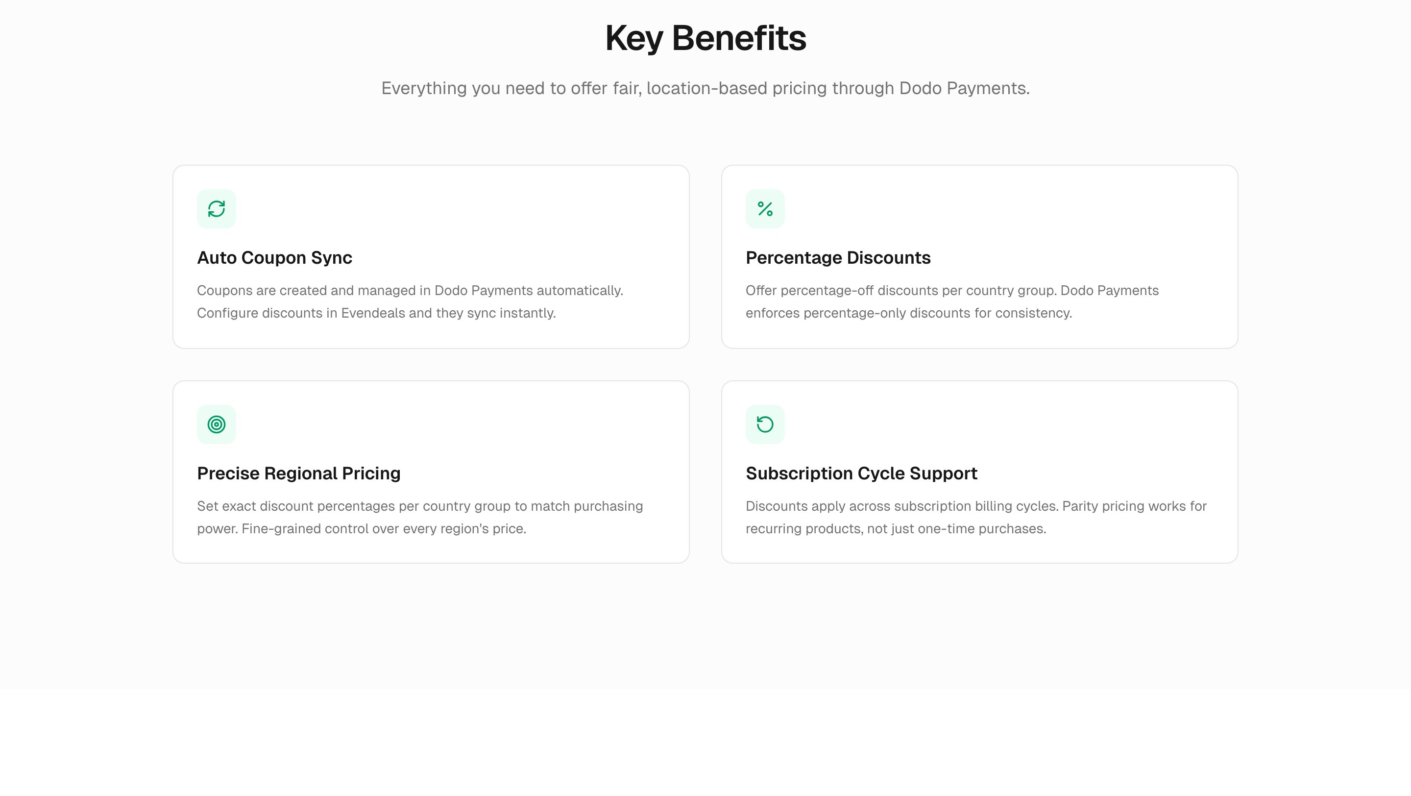 Evendeals key features for Dodo Payments integration