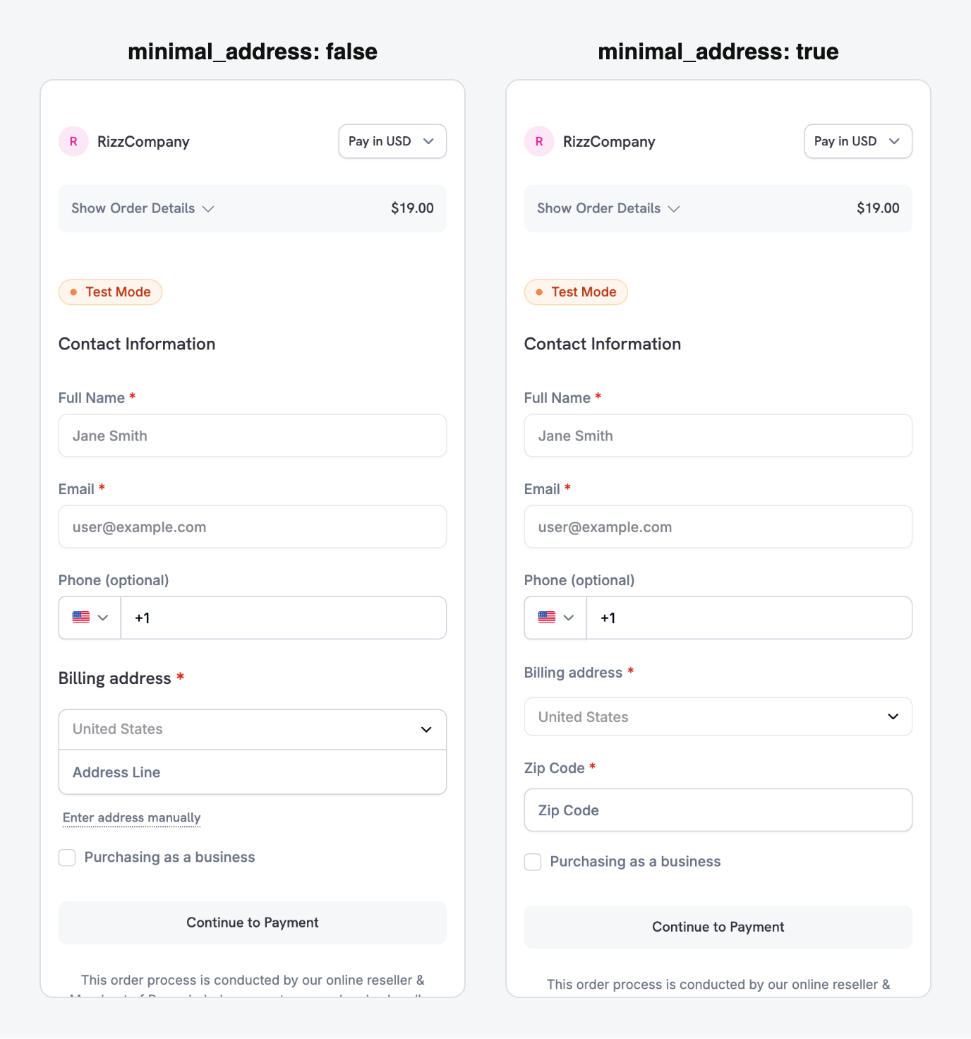 Confronto affiancato del checkout: modulo completo dell'indirizzo di fatturazione e solo CAP