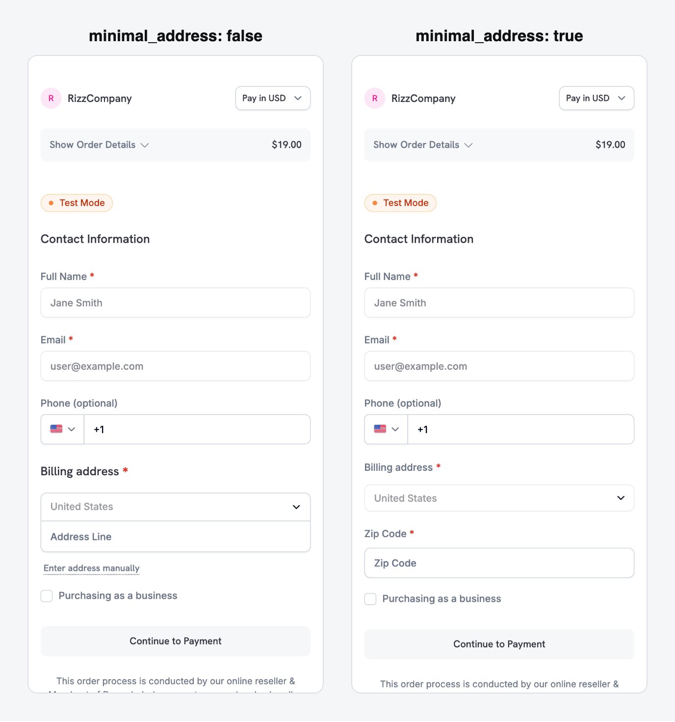 Confronto affiancato del checkout: modulo completo dell'indirizzo di fatturazione e solo CAP