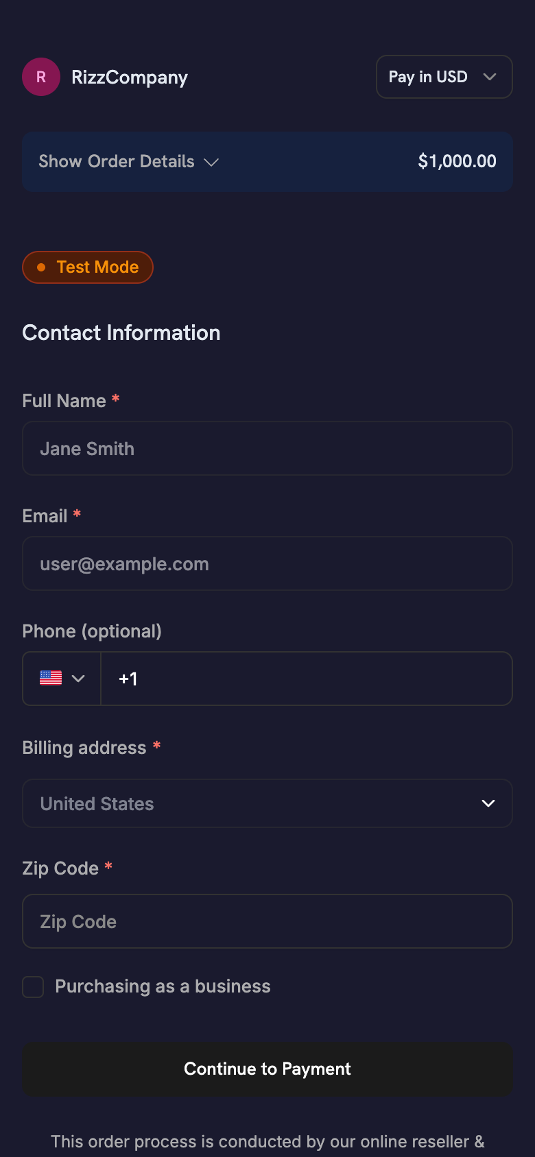 Checkout mobile brandizzato con una palette blu navy scuro personalizzata applicata tramite theme_config