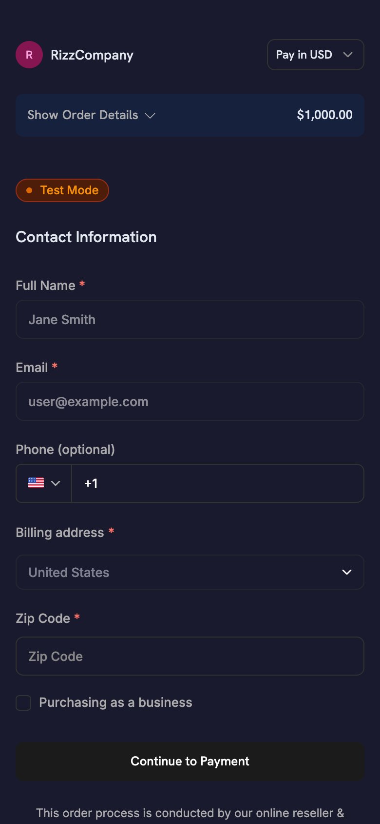 Checkout mobile brandizzato con una palette blu navy scuro personalizzata applicata tramite theme_config