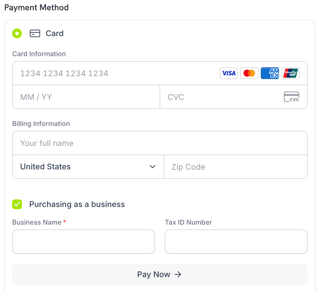 Purchasing as a business checked in single page checkout, showing the business name and tax ID fields