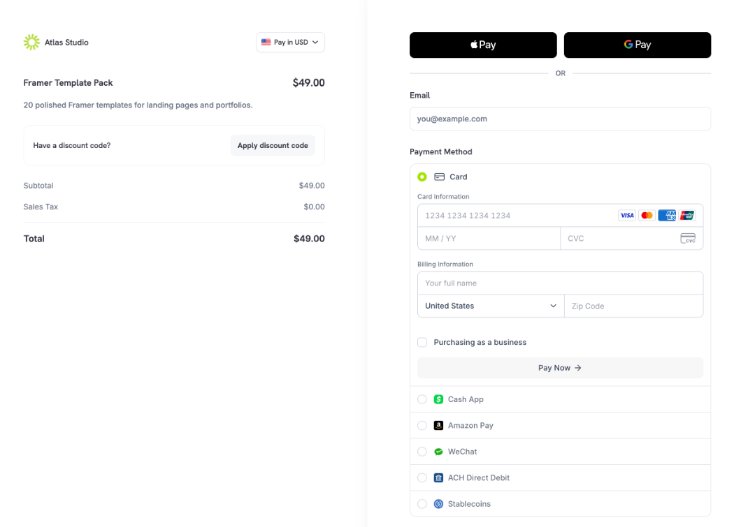 Single page checkout with the order summary on the left, and Apple Pay and Google Pay, the email field, the payment method list, and the Pay Now button on the right