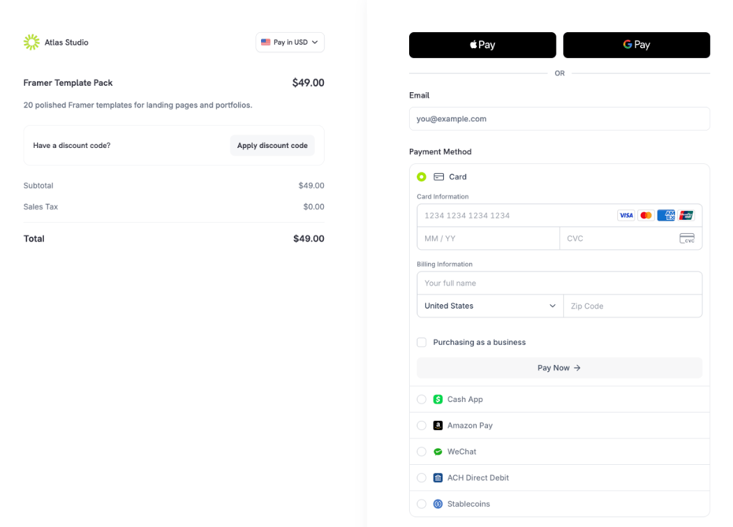 Single page checkout with the order summary on the left, and Apple Pay and Google Pay, the email field, the payment method list, and the Pay Now button on the right