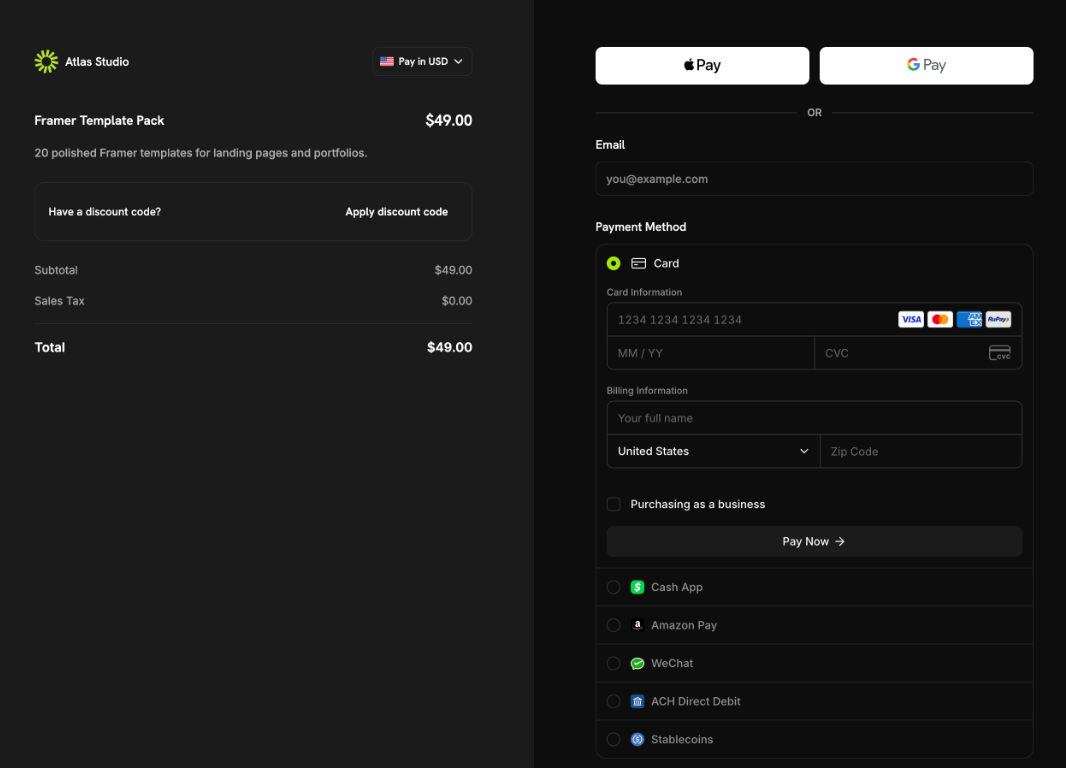 Single page checkout in dark mode