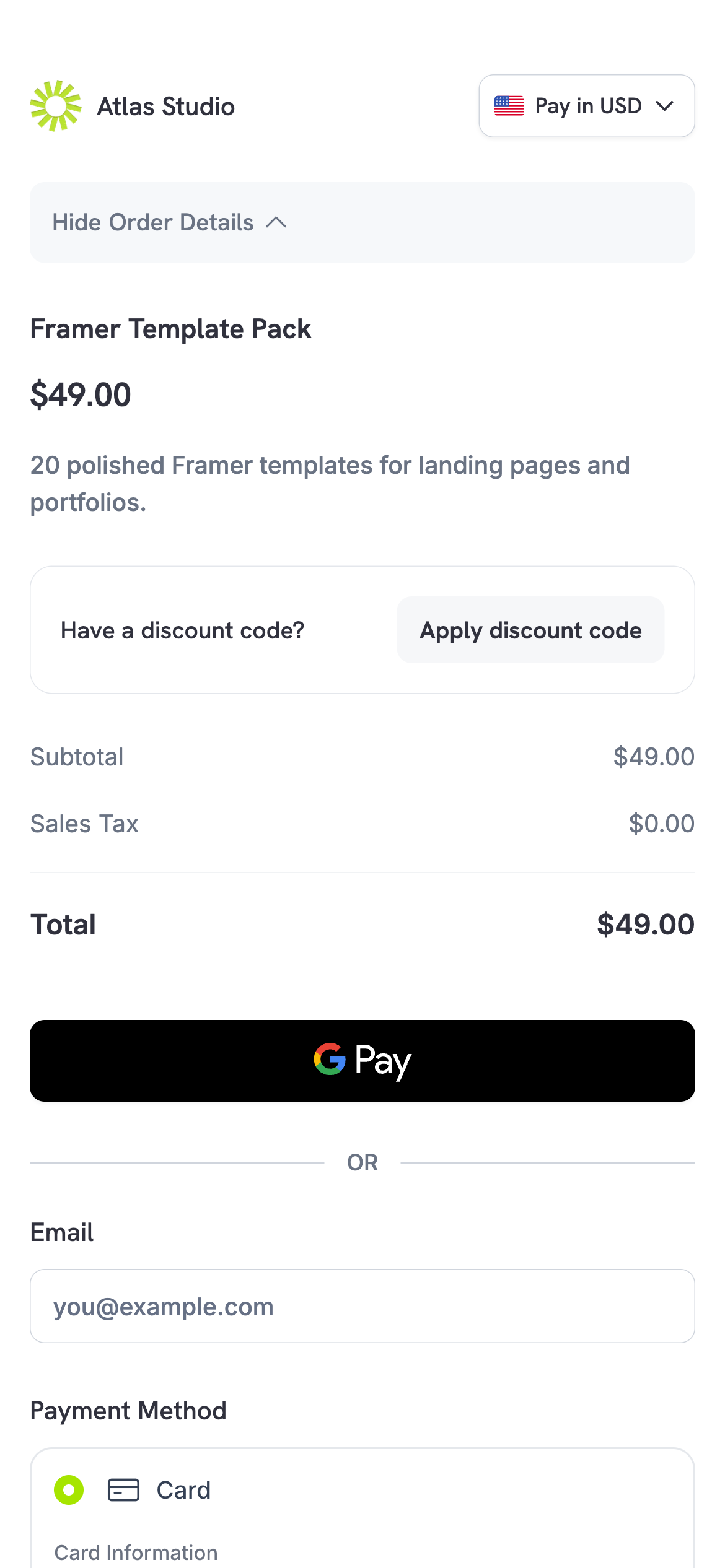 Single page checkout on a mobile phone