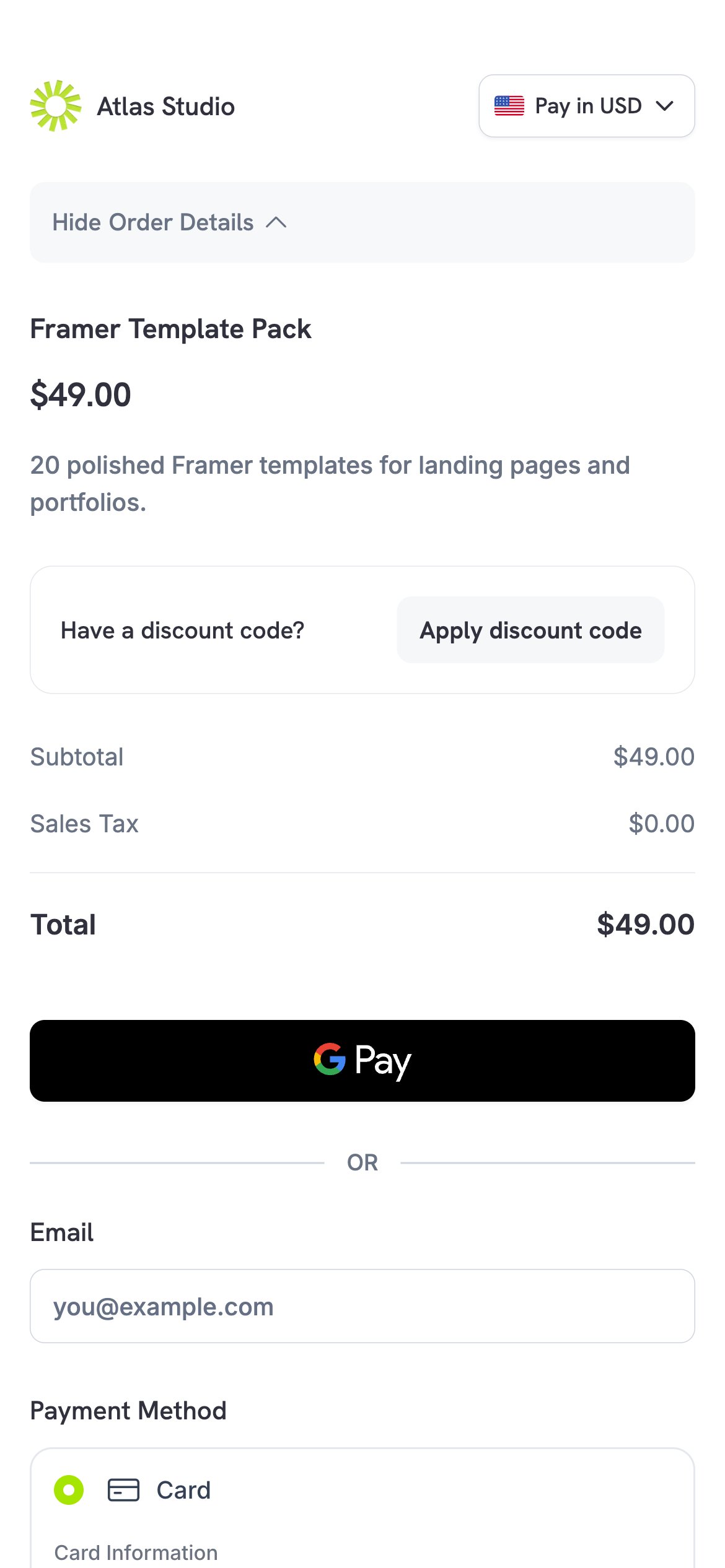 Single page checkout on a mobile phone