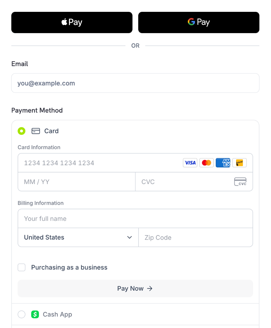 Right column of single page checkout showing the Apple Pay and Google Pay buttons, the email field, and the Payment Method list with Card expanded, the card fields, billing information with the full name, the Purchasing as a business checkbox, and the Pay Now button