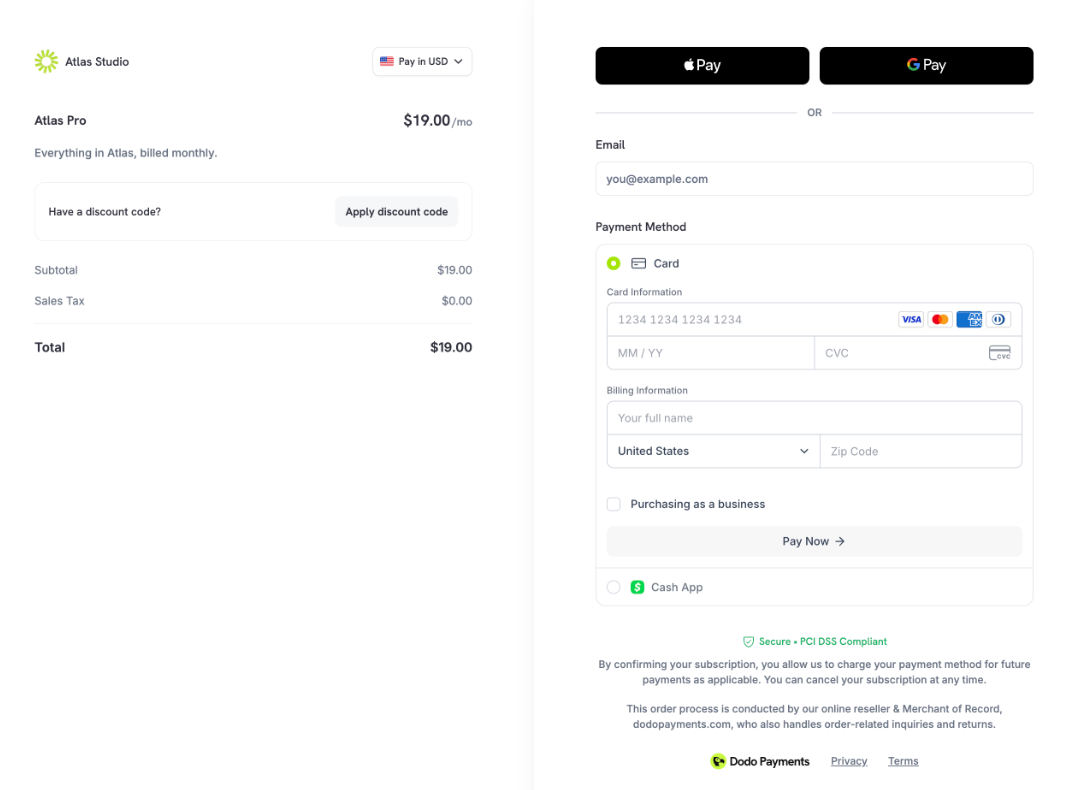 Single page checkout for a subscription product
