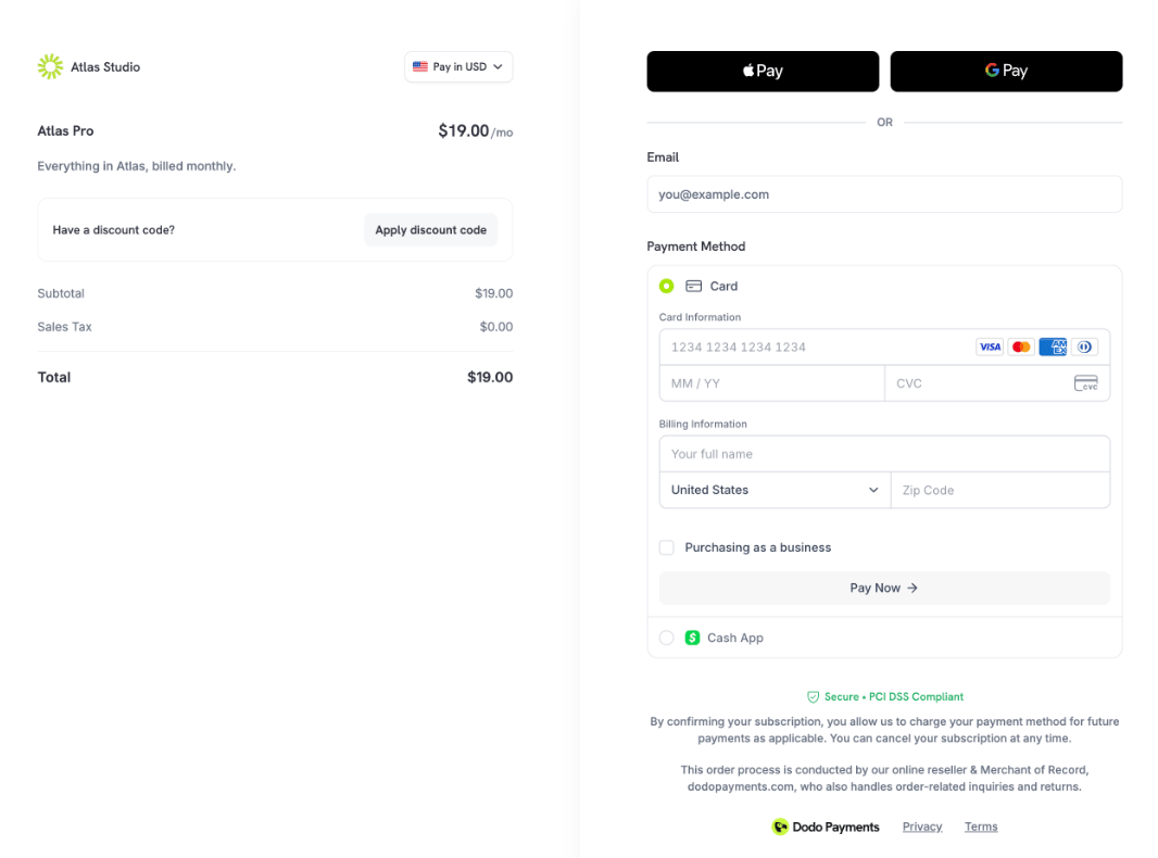 Single page checkout for a subscription product