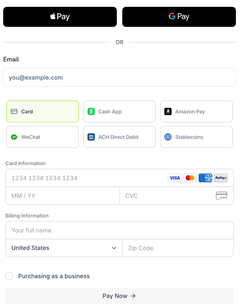 Single page checkout with the payment methods shown as tabs, with Card selected