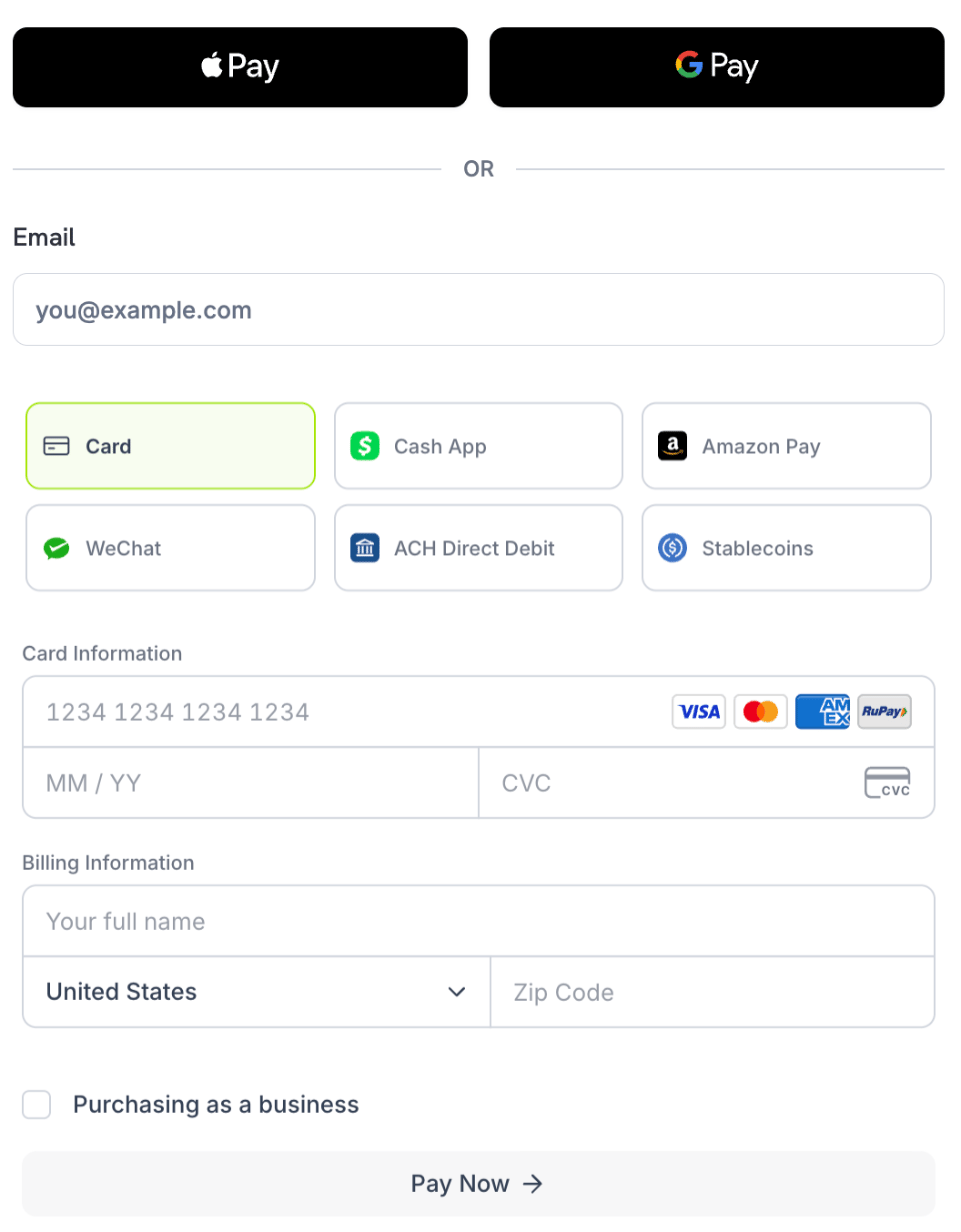 Single page checkout with the payment methods shown as tabs, with Card selected