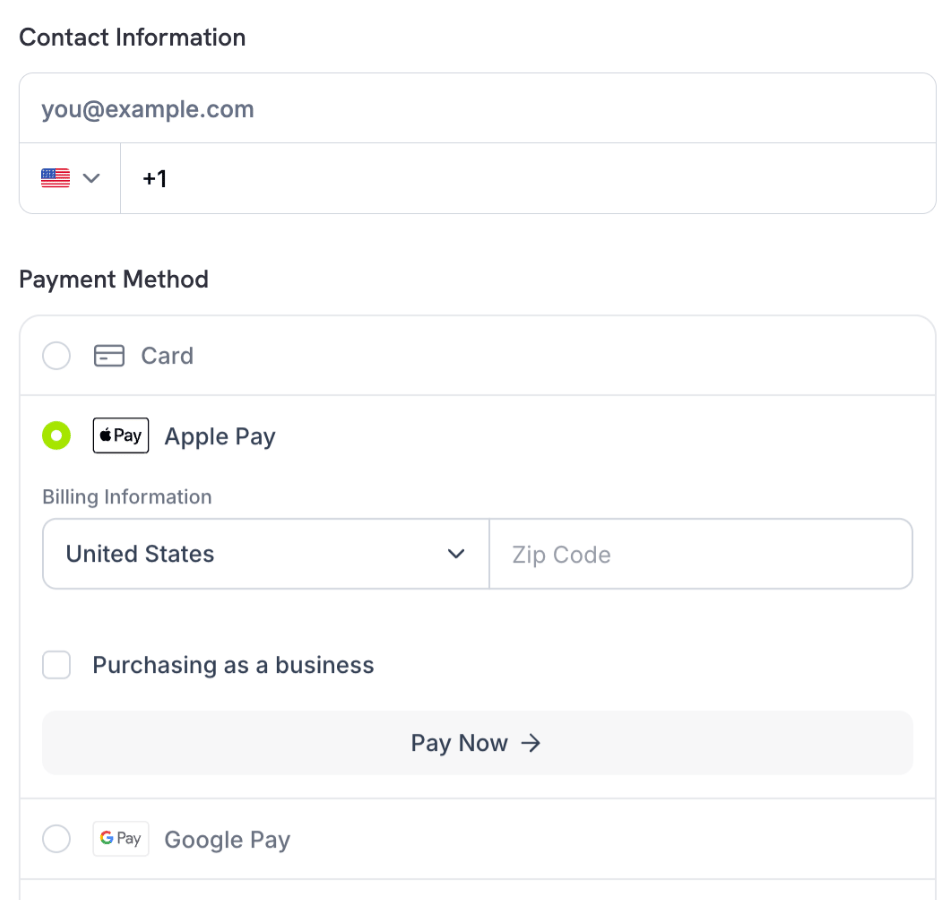 Single page checkout that requires a phone number, with Apple Pay selected in the payment method list and Google Pay as the next row