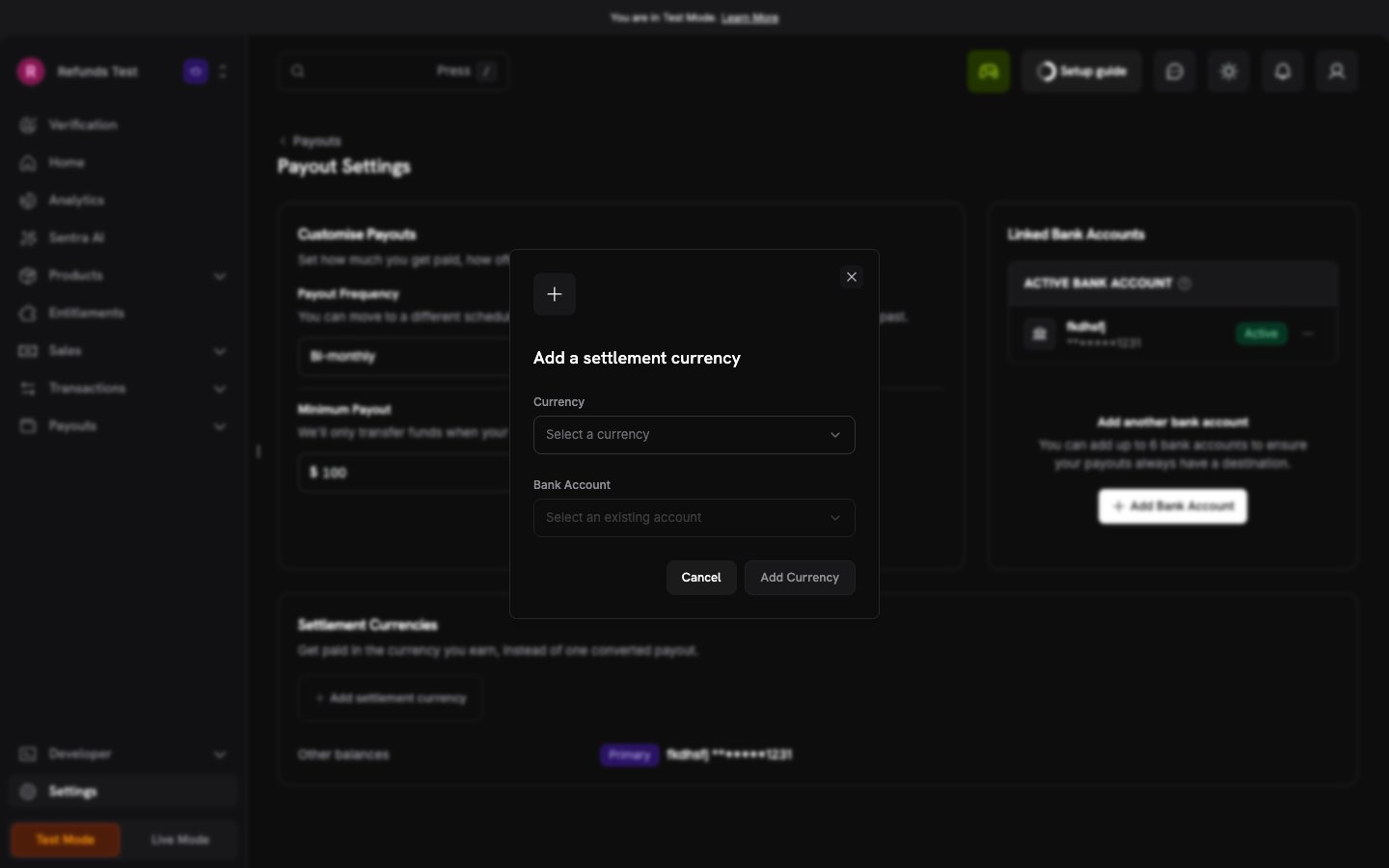 Add a settlement currency dialog with the Currency and Bank Account fields