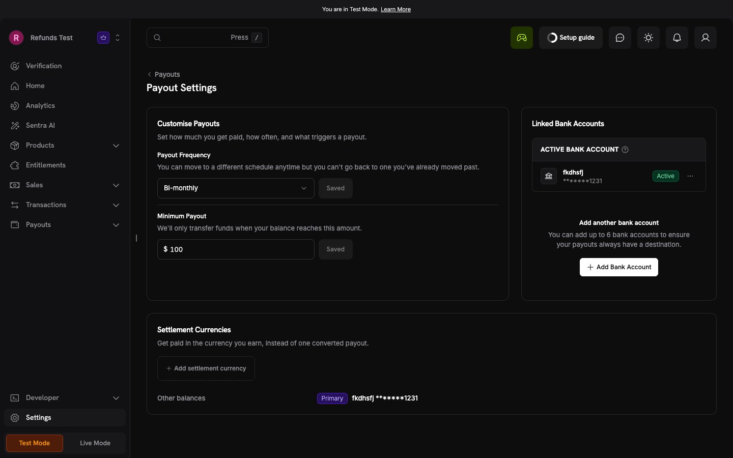 Payout Settings page with the Customise Payouts card, the Linked Bank Accounts card, and the Settlement Currencies card