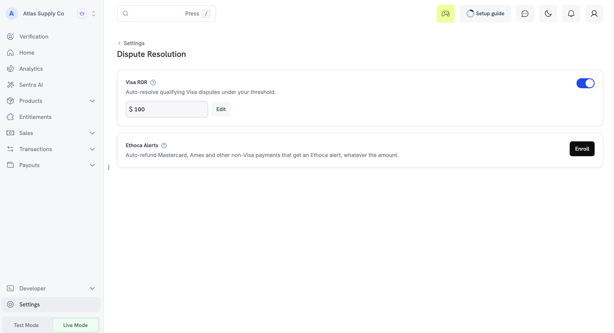 Dispute Resolution settings showing the Visa RDR toggle with a $100 threshold and the Ethoca Alerts card with an Enroll button