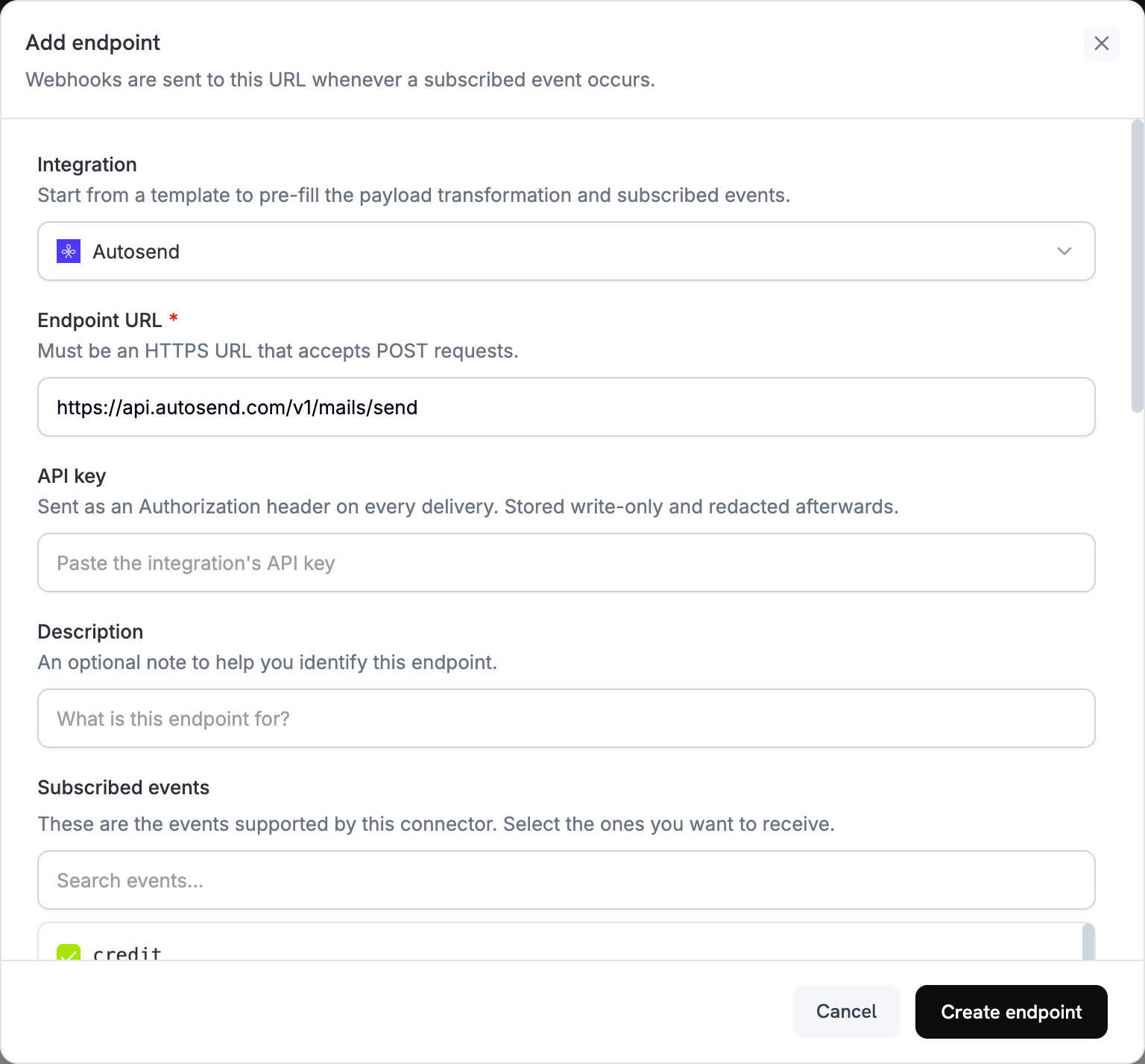Finestra di dialogo per aggiungere un endpoint con AutoSend selezionato nel menu a discesa Integration