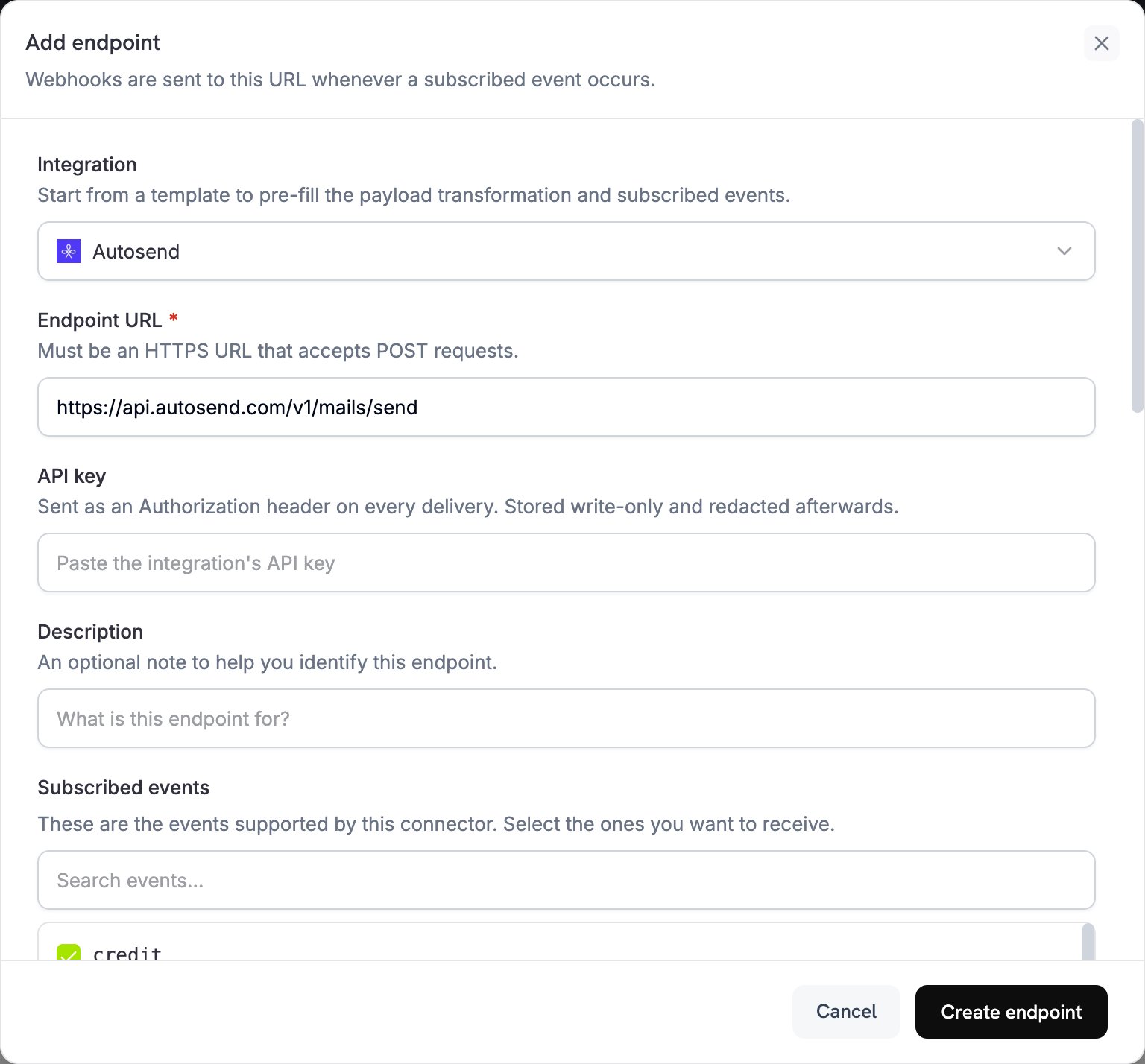 Finestra di dialogo per aggiungere un endpoint con AutoSend selezionato nel menu a discesa Integration