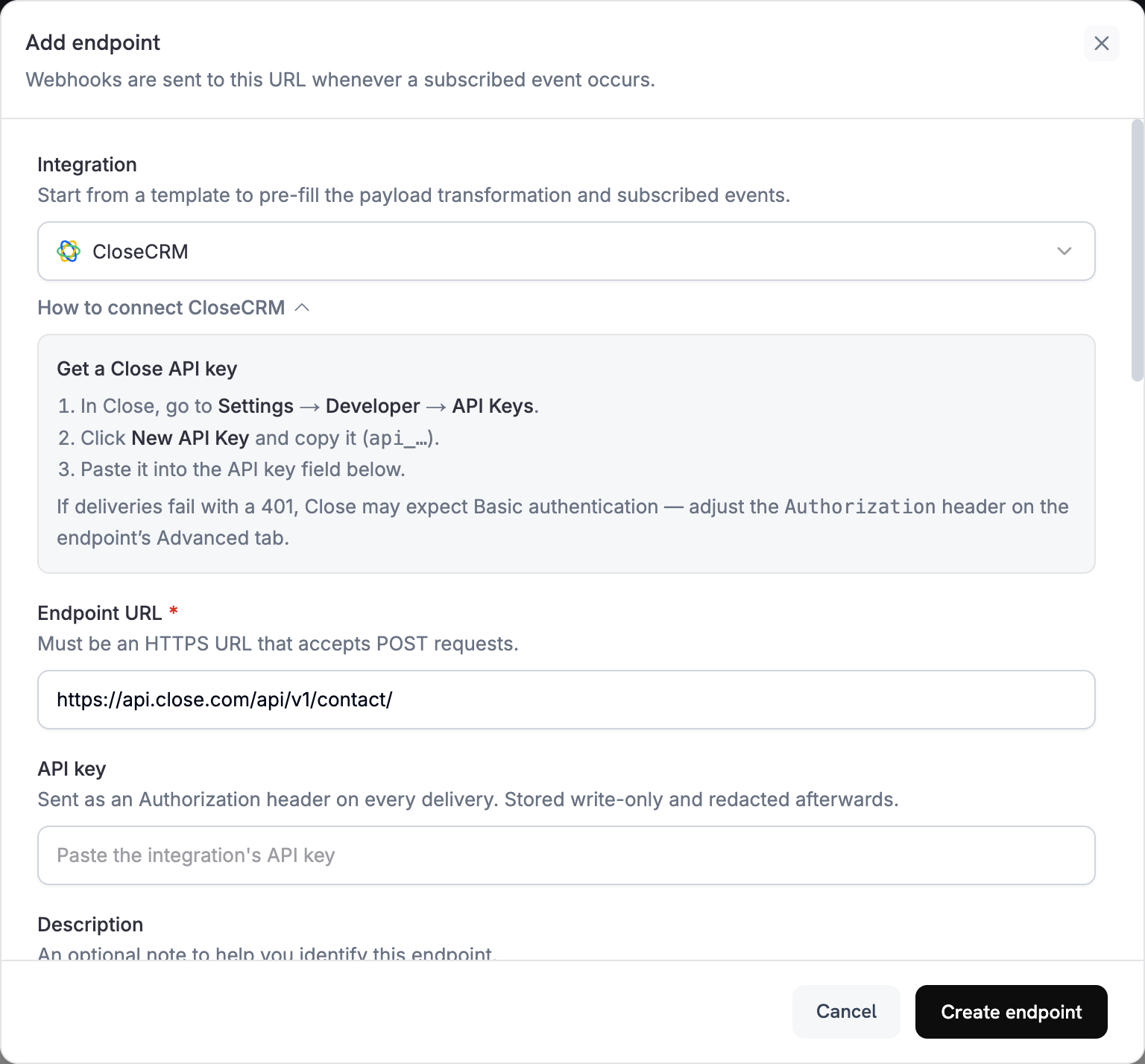 Add endpoint dialog with CloseCRM selected in the Integration dropdown