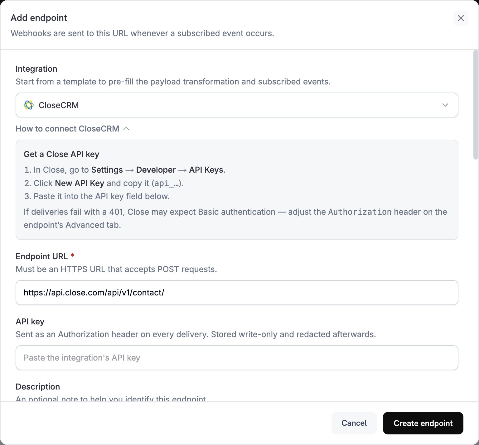 Add endpoint dialog with CloseCRM selected in the Integration dropdown
