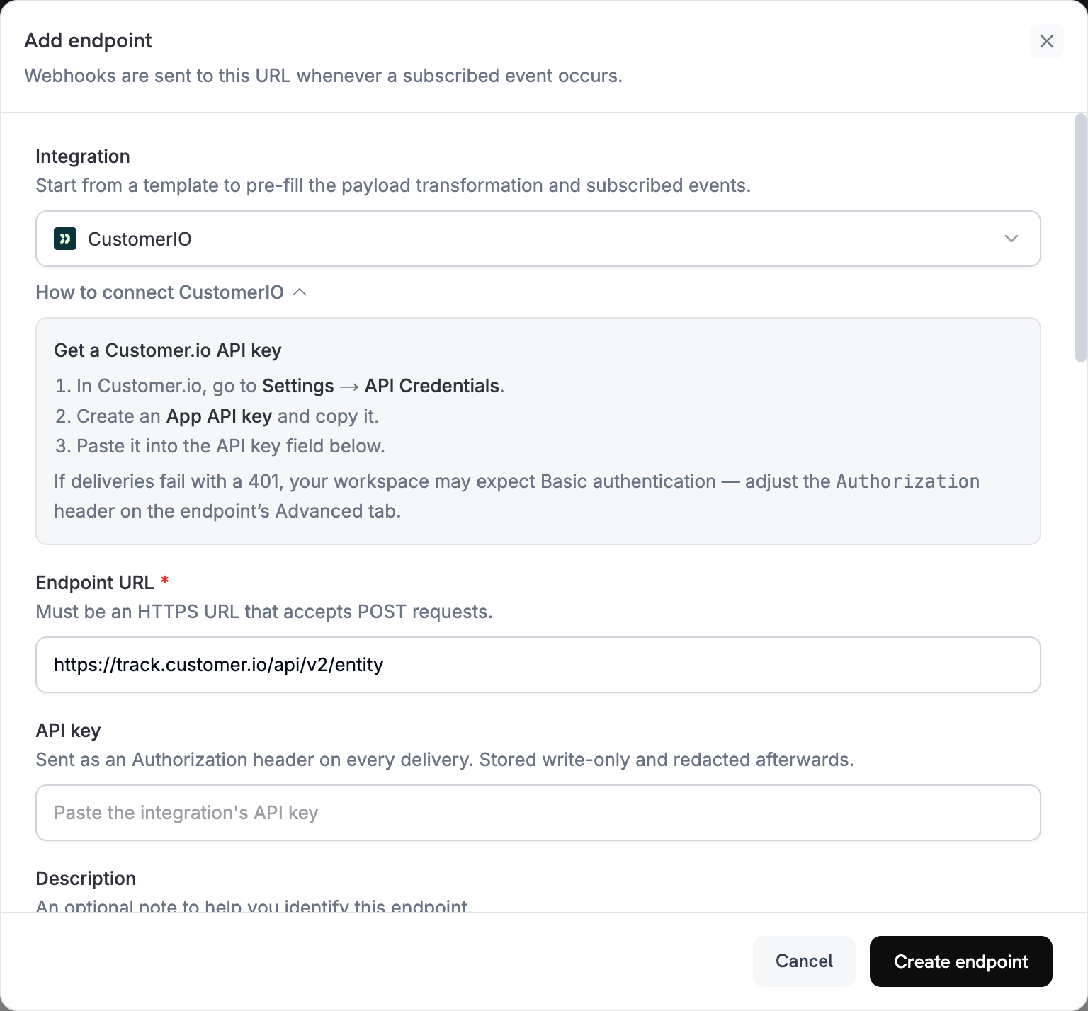 Add endpoint dialog with CustomerIO selected in the Integration dropdown