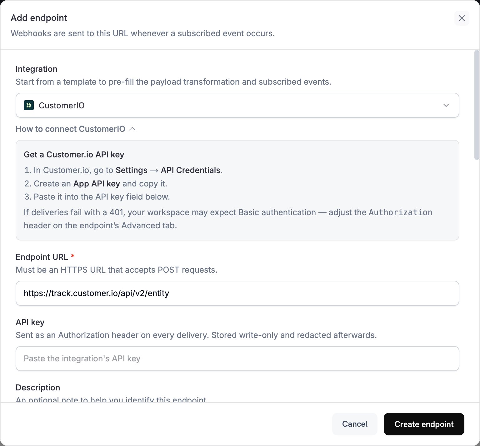 Add endpoint dialog with CustomerIO selected in the Integration dropdown