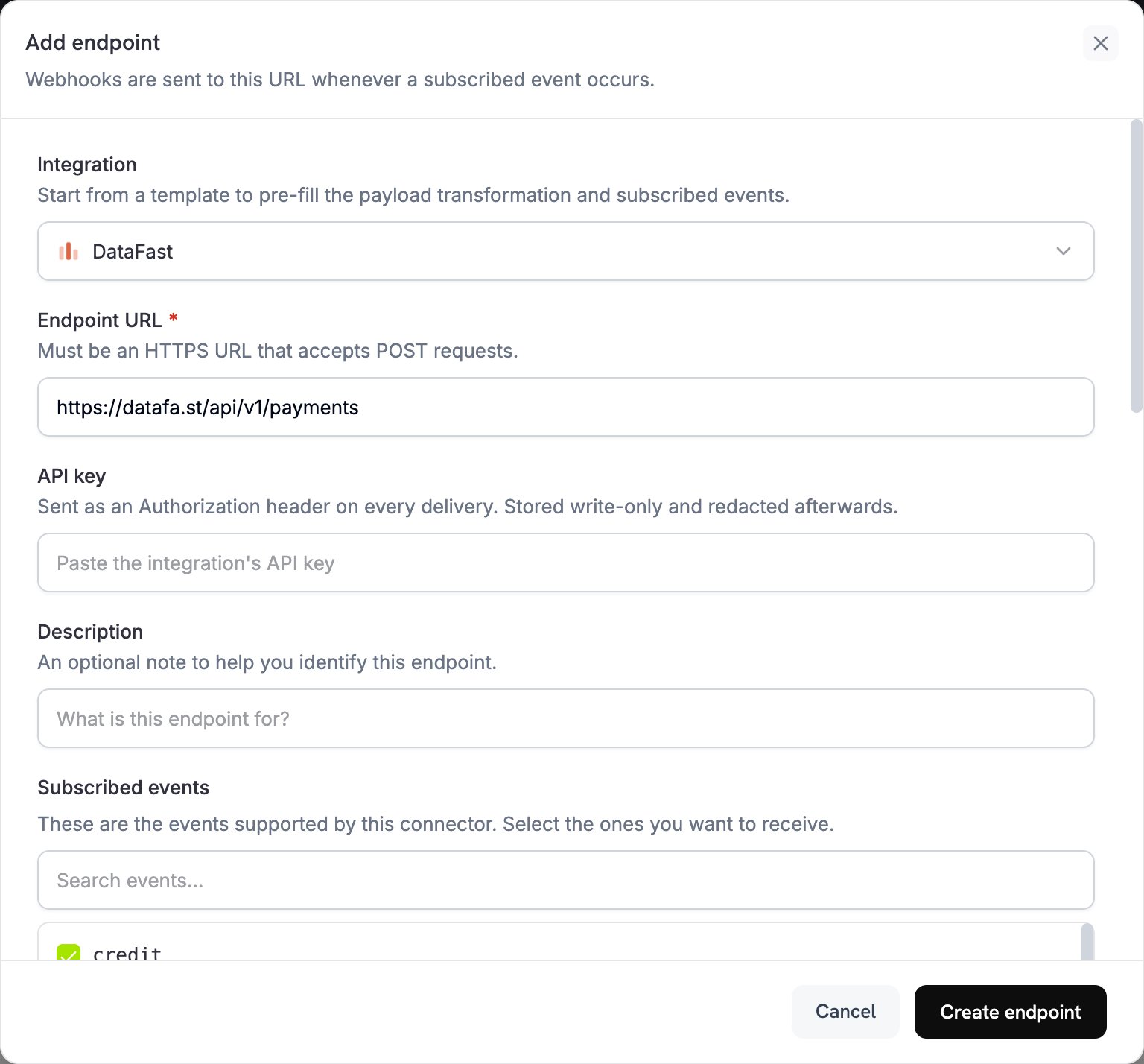 Dialogrutan Add endpoint med DataFast valt i rullgardinsmenyn Integration
