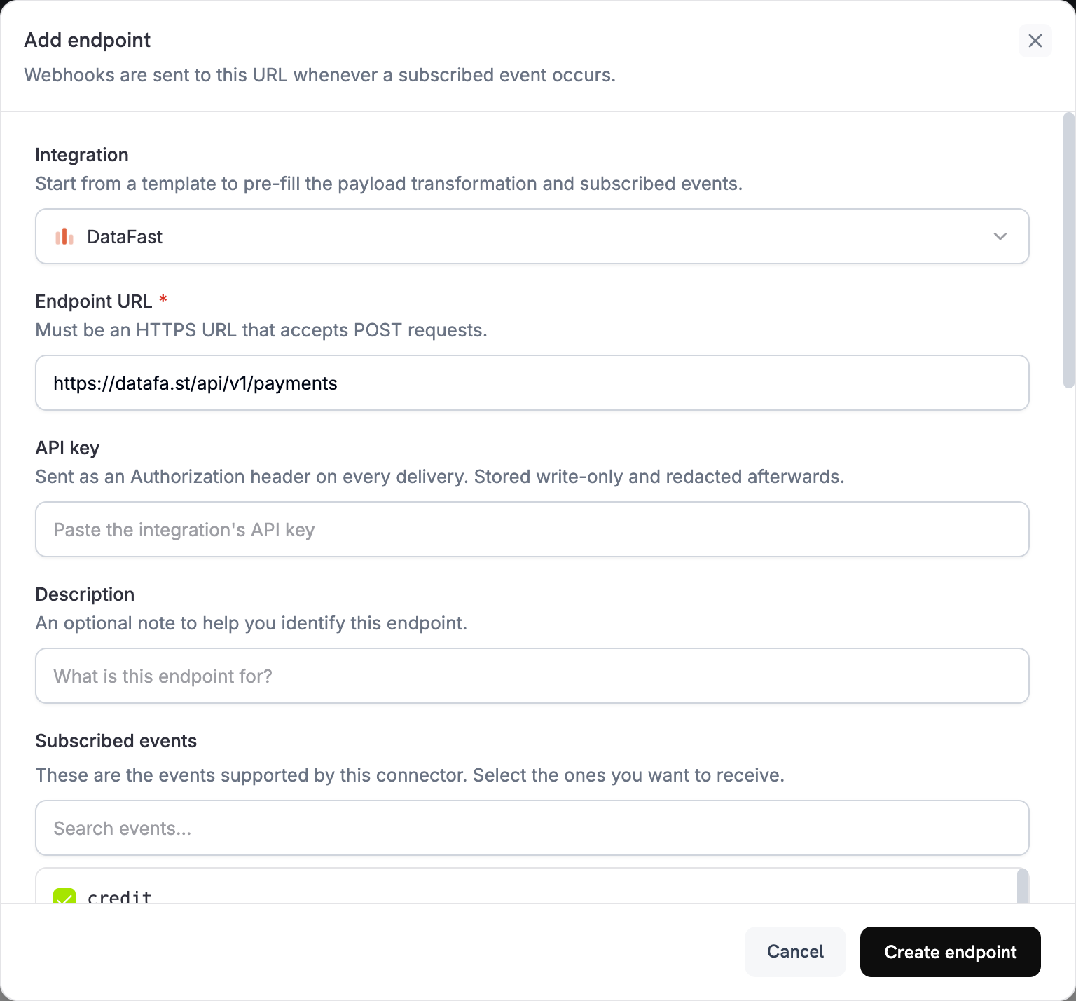 DataFast endpoint URL ifylld och fältet för API key