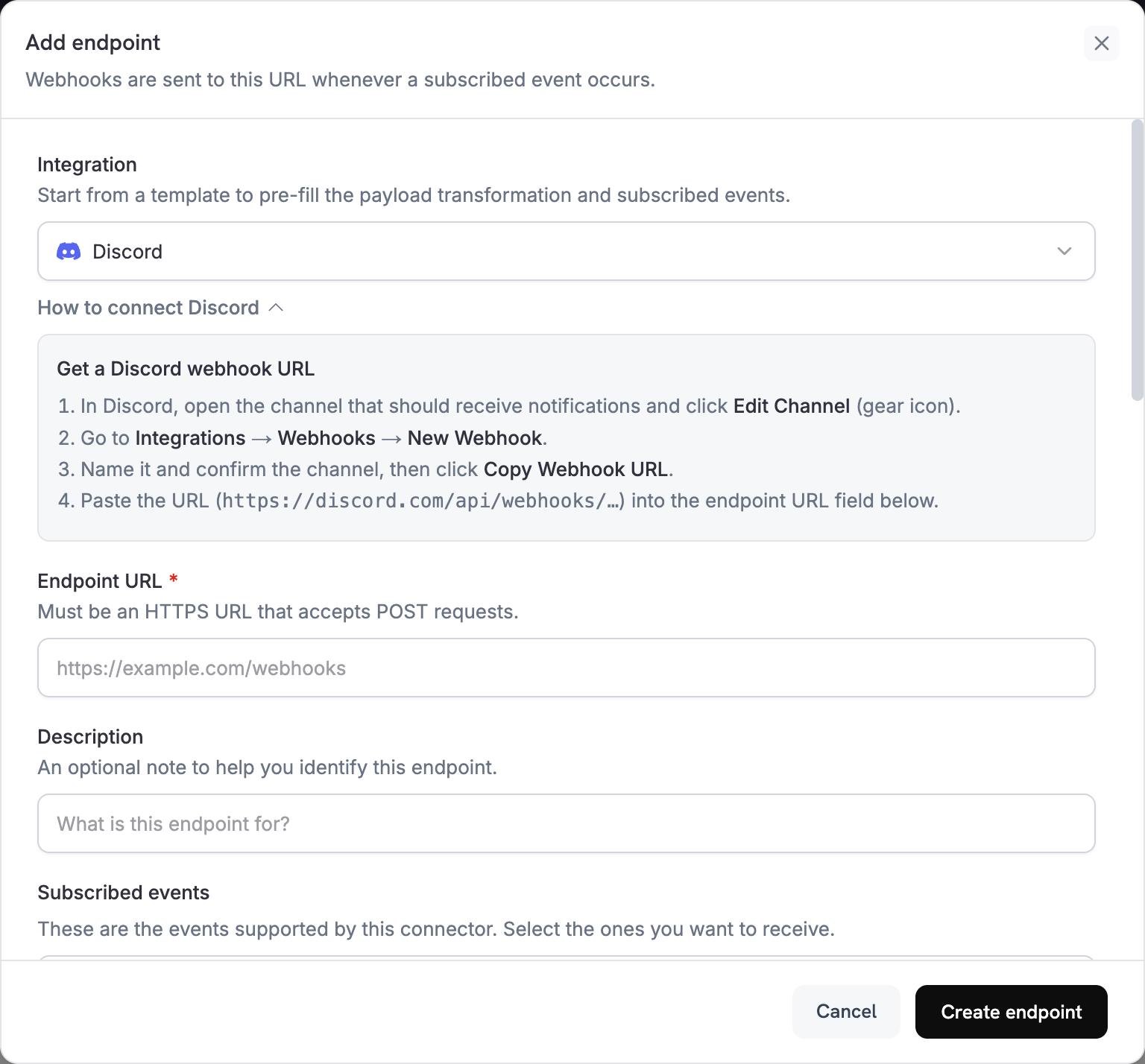 Add endpoint dialog with Discord selected in the Integration dropdown