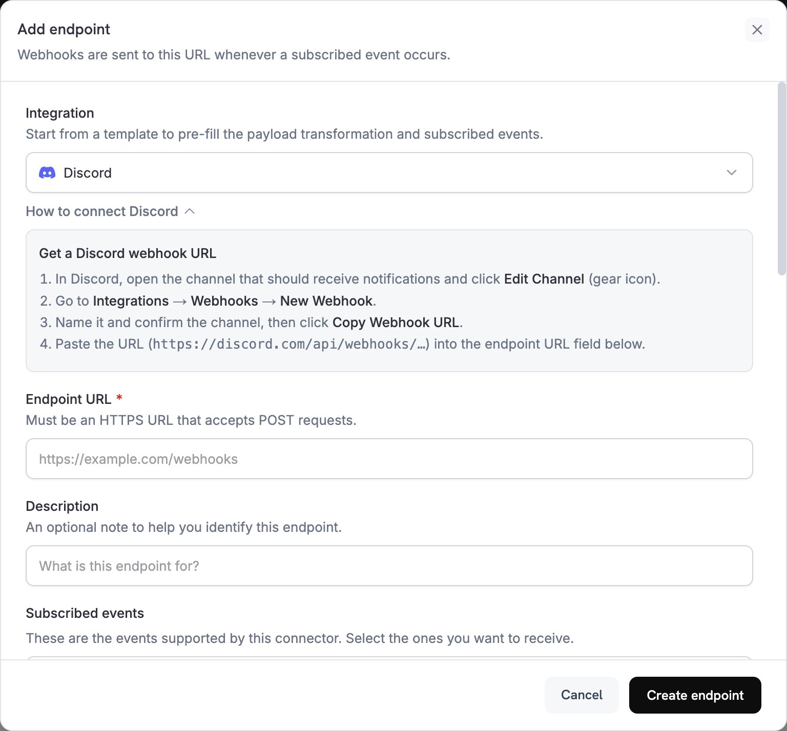 Add endpoint dialog with Discord selected in the Integration dropdown