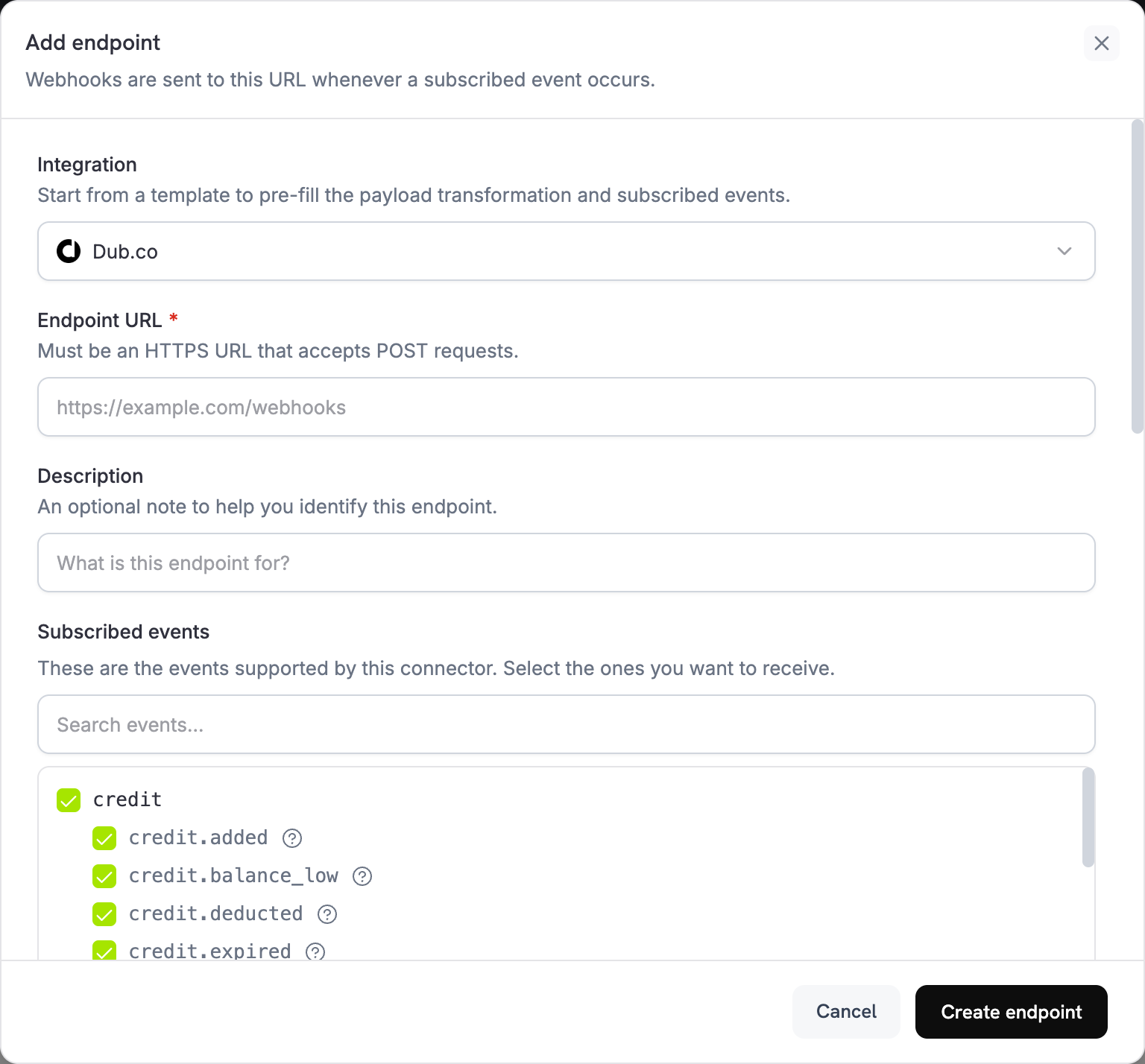 Add endpoint dialog with Dub.co selected in the Integration dropdown