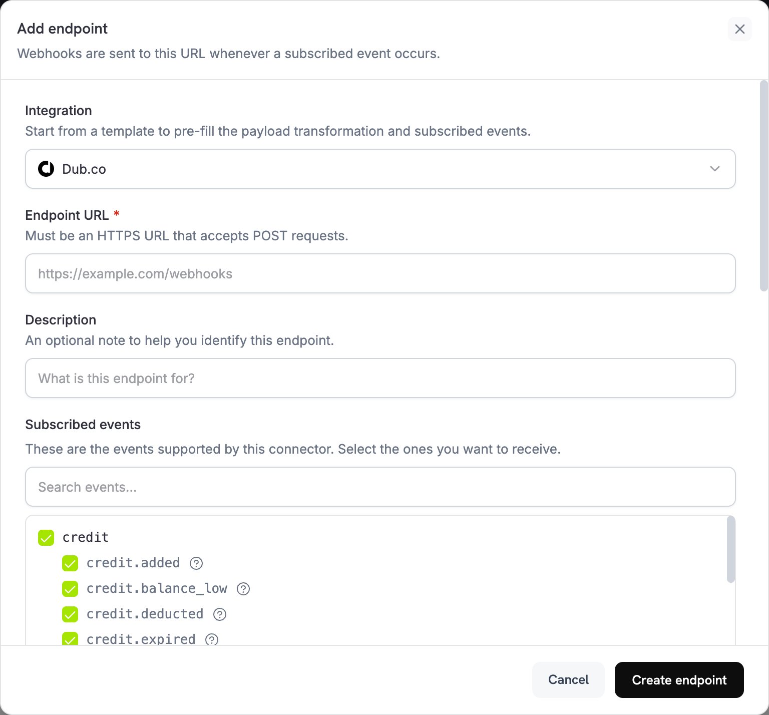 Add endpoint dialog with Dub.co selected in the Integration dropdown