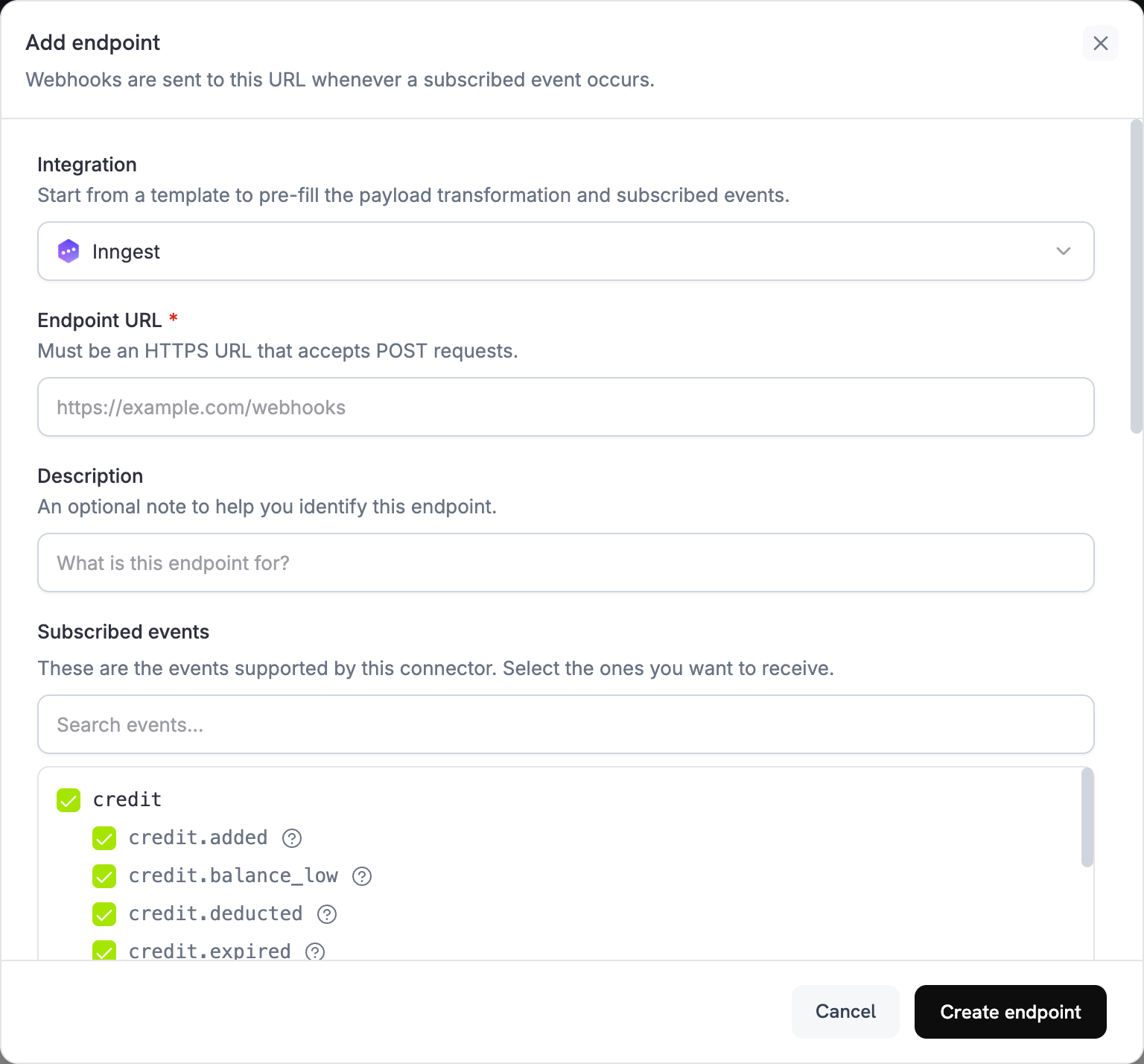 Add endpoint dialog with Inngest selected in the Integration dropdown