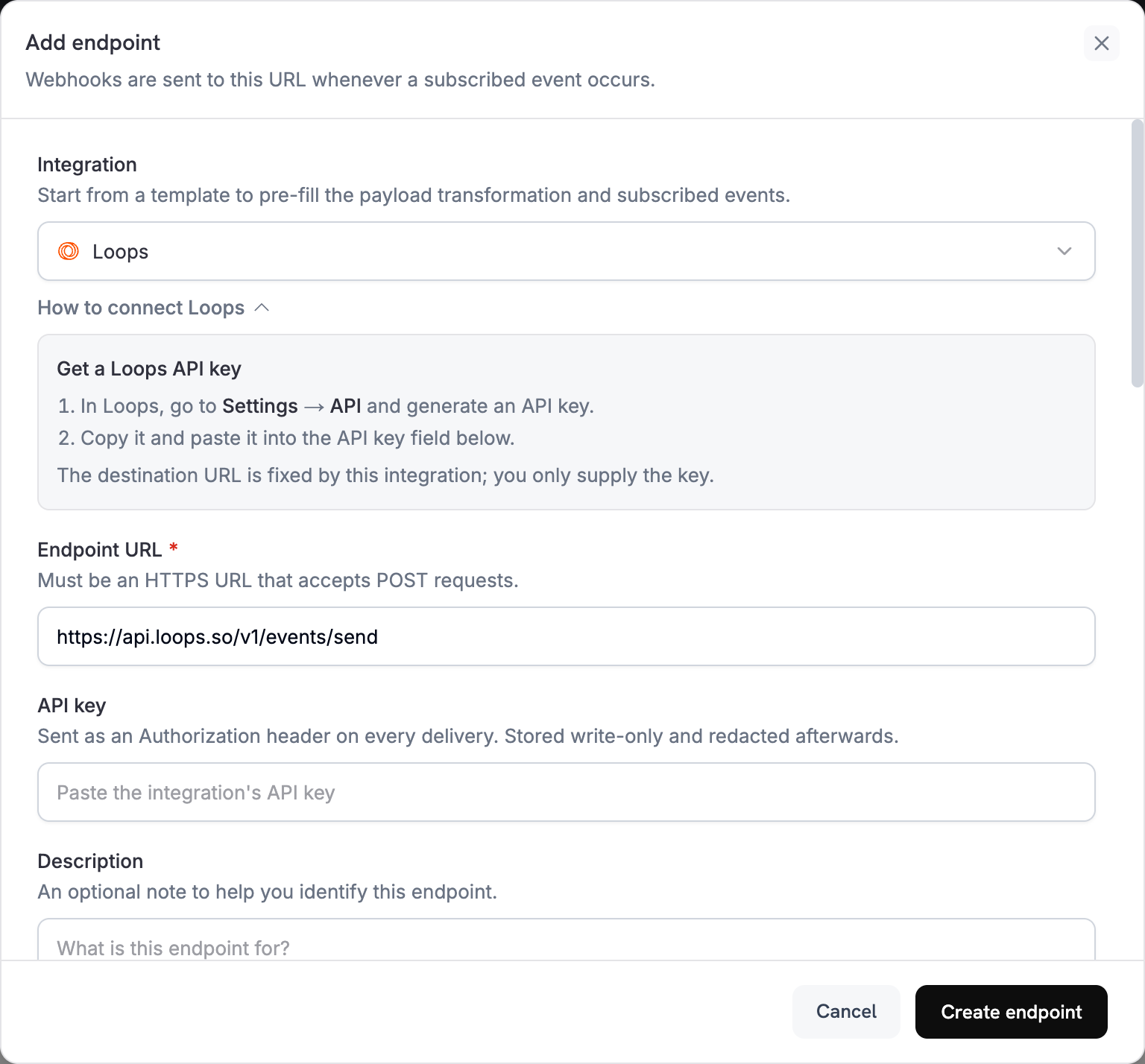 Add endpoint dialog with Loops selected in the Integration dropdown