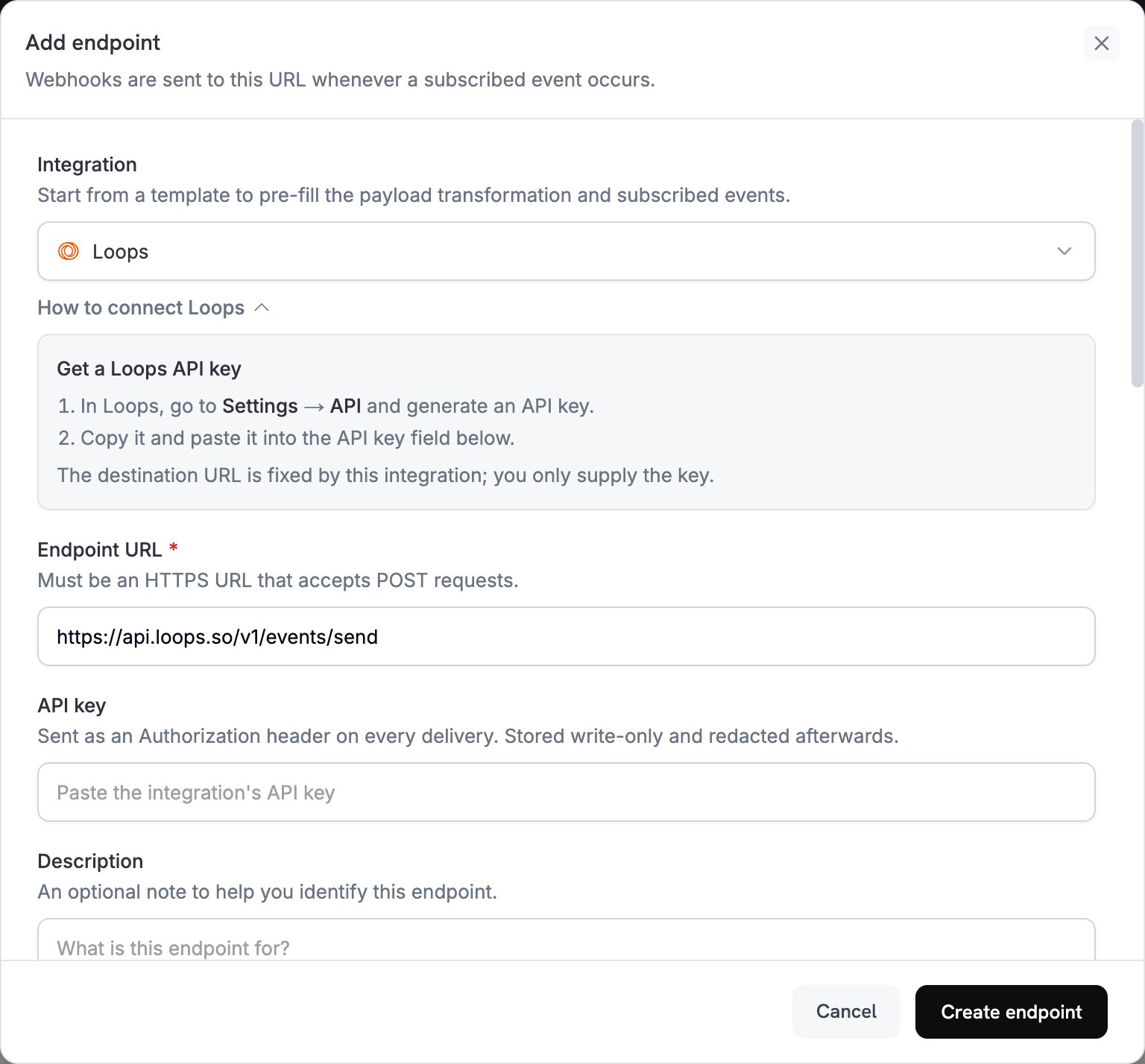 Add endpoint dialog with Loops selected in the Integration dropdown