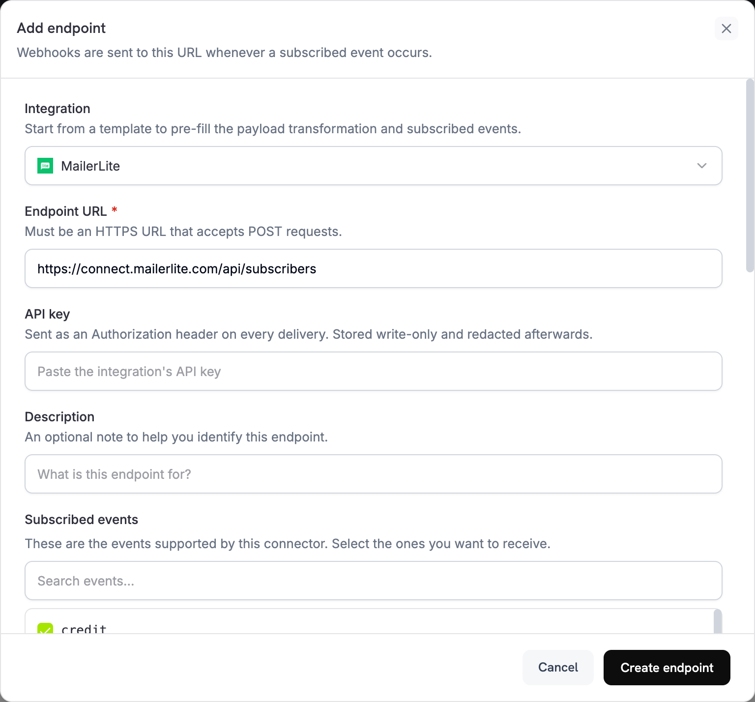Add endpoint dialog with MailerLite selected in the Integration dropdown