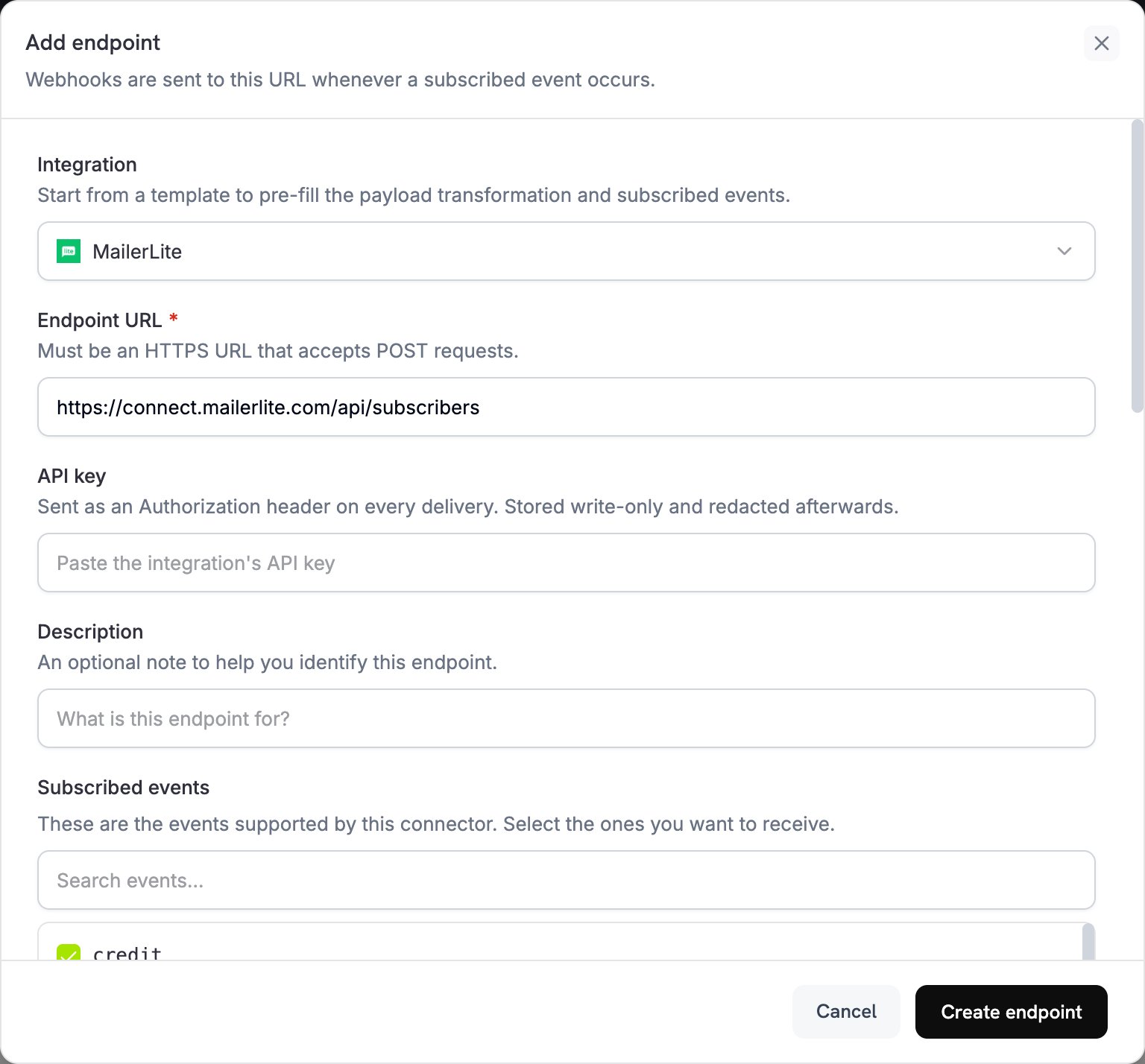 Add endpoint dialog with MailerLite selected in the Integration dropdown