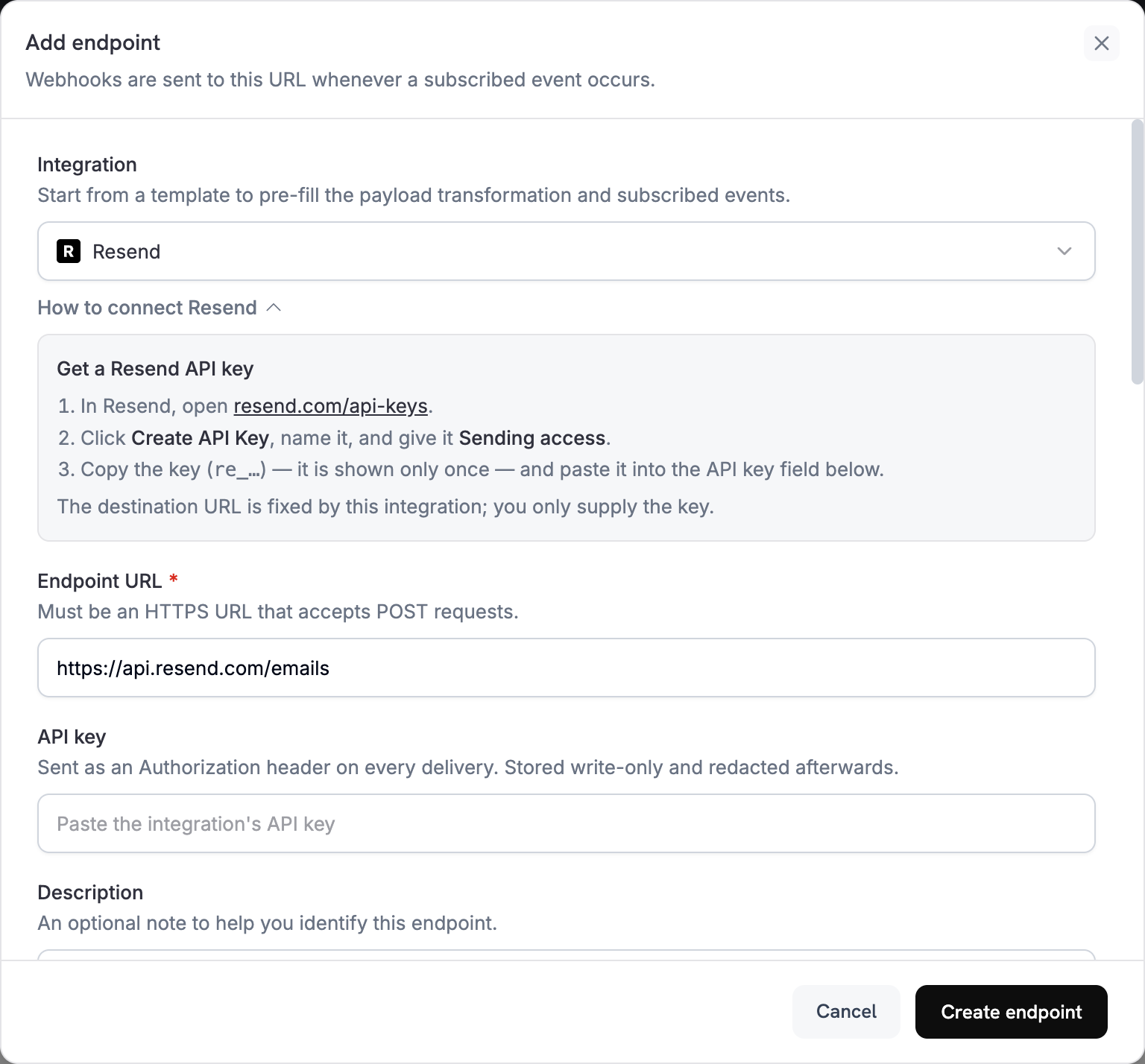Dialogrutan Add endpoint med Resend valt i listrutan Integration och stegen How to connect Resend