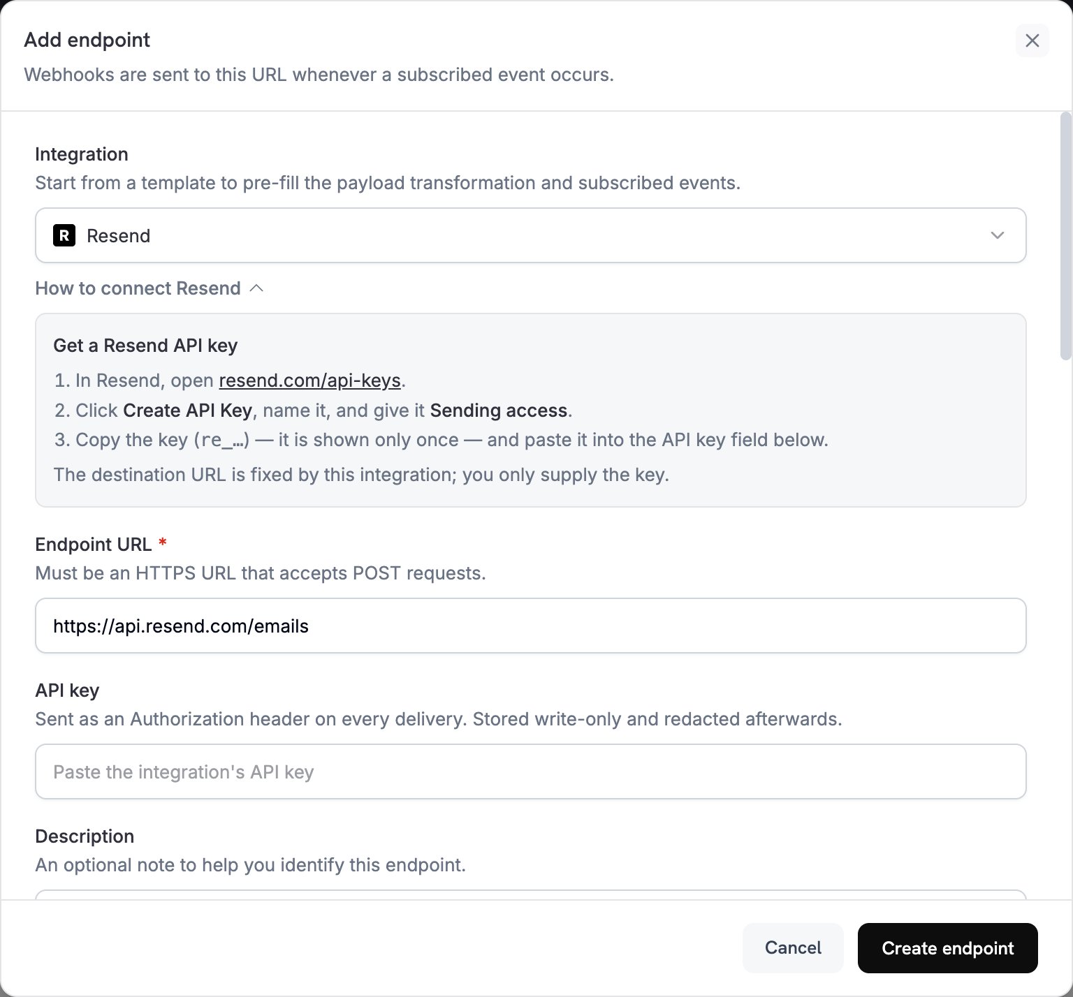Dialogrutan Add endpoint med Resend valt i listrutan Integration och stegen How to connect Resend