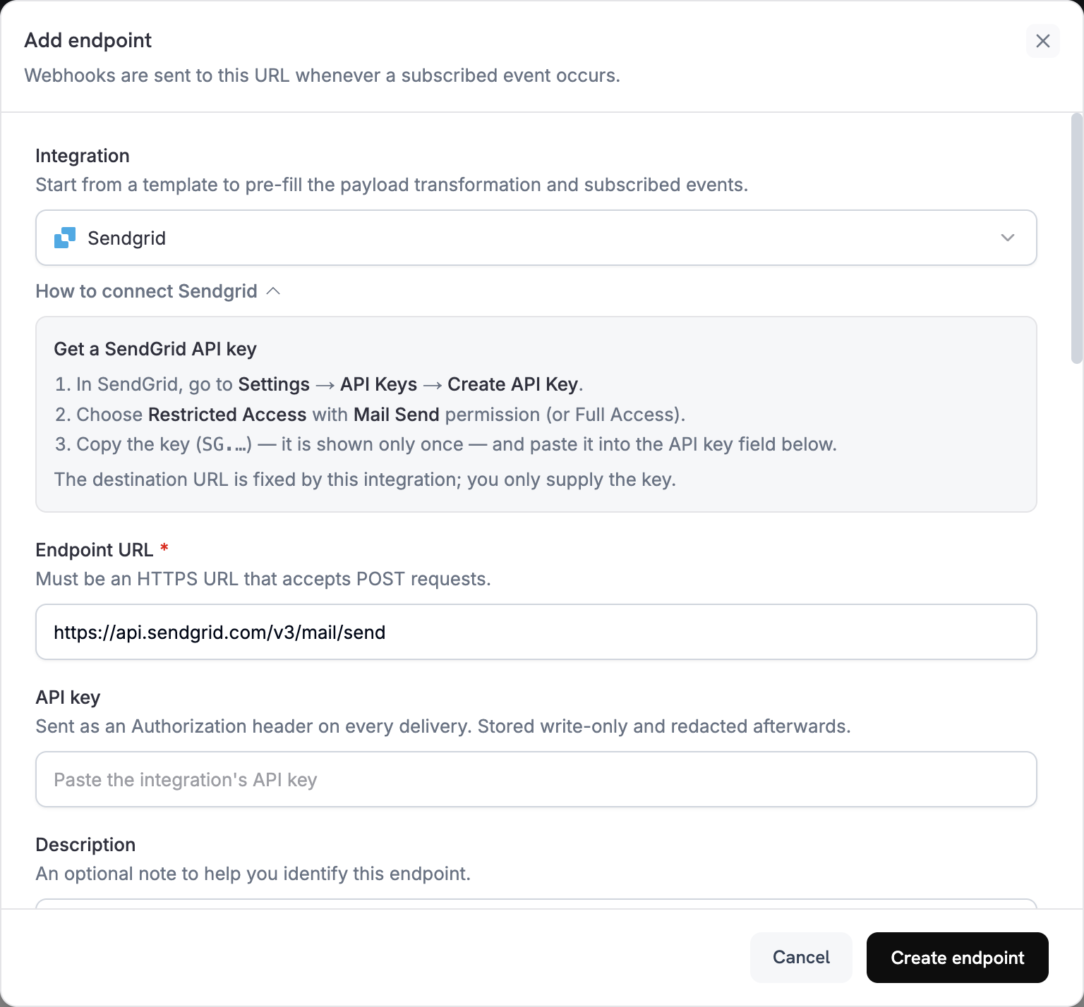 Add endpoint dialog with SendGrid selected in the Integration dropdown and the How to connect SendGrid steps