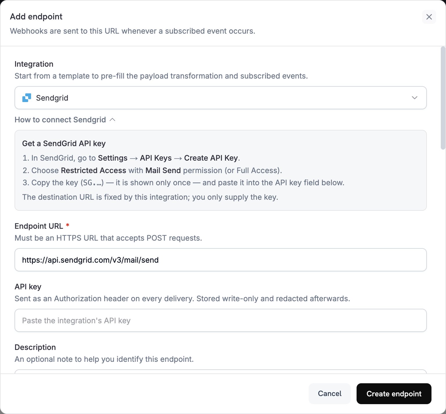 Add endpoint dialog with SendGrid selected in the Integration dropdown and the How to connect SendGrid steps