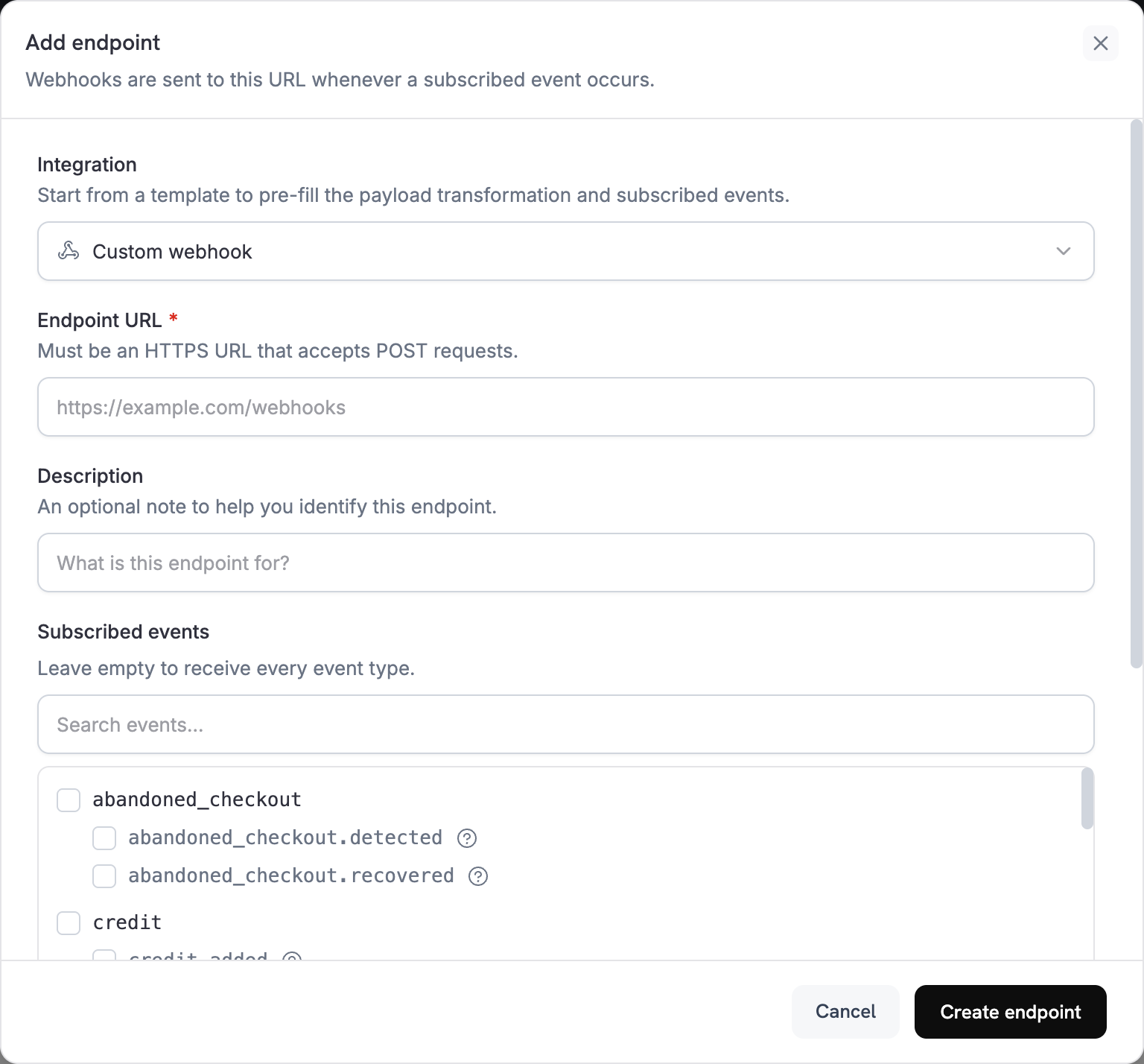 Add endpoint dialog with the Integration dropdown set to Custom webhook