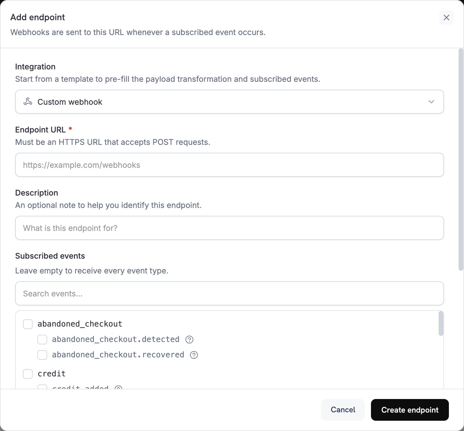 Add endpoint dialog with the Integration dropdown set to Custom webhook