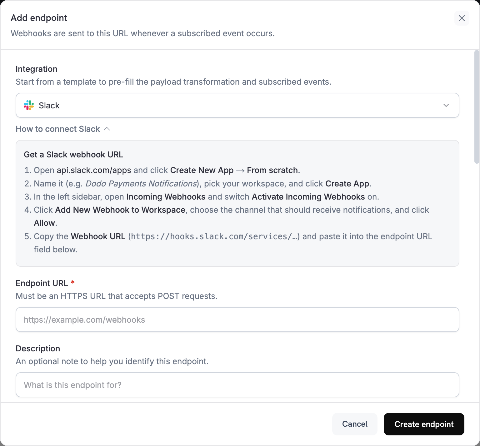 Add endpoint dialog with Slack selected and the How to connect Slack steps