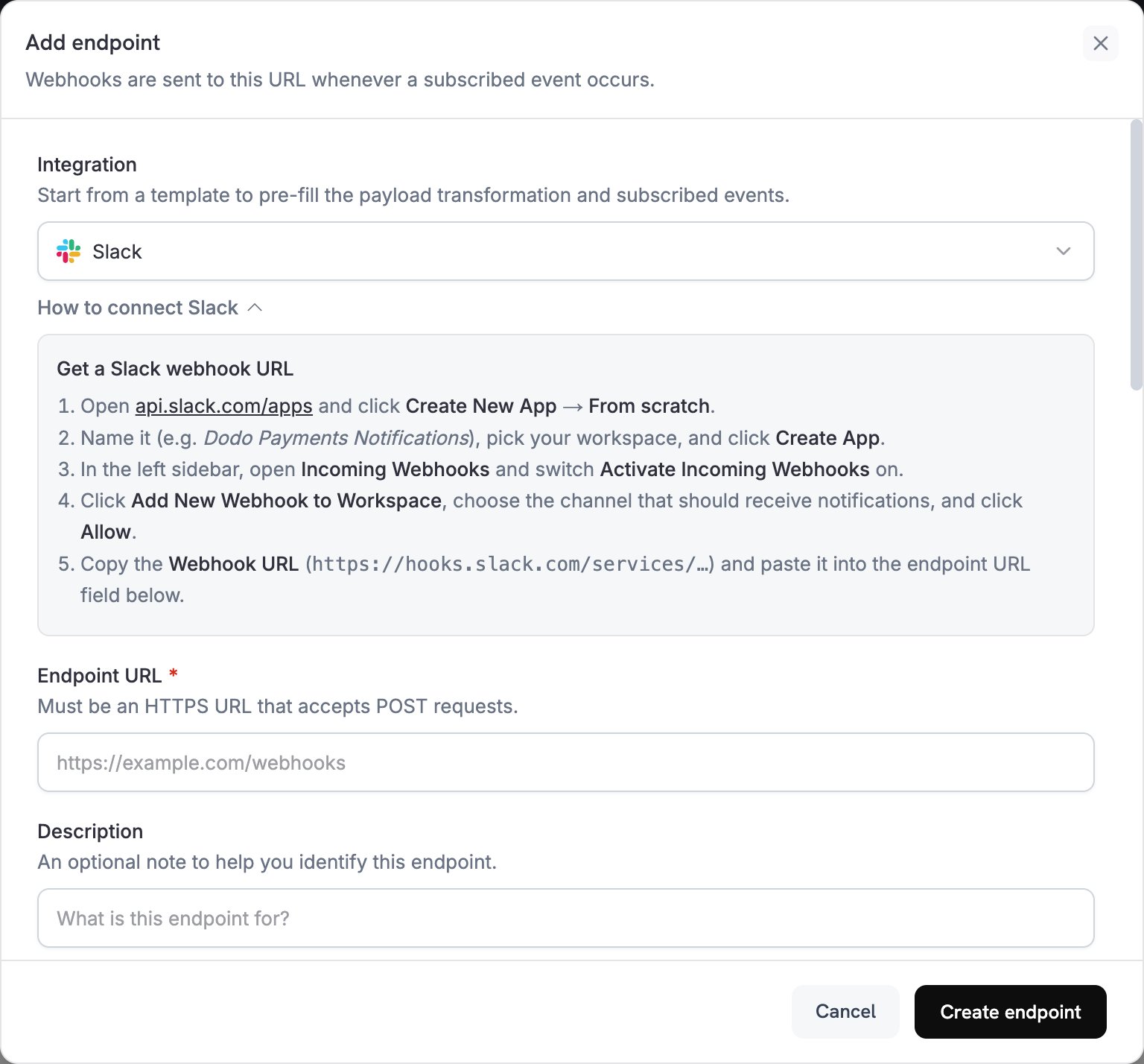 Add endpoint dialog with Slack selected and the How to connect Slack steps