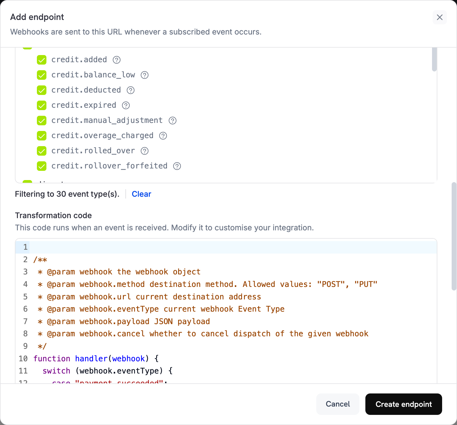 Transformation code editor with the Slack handler for payment events