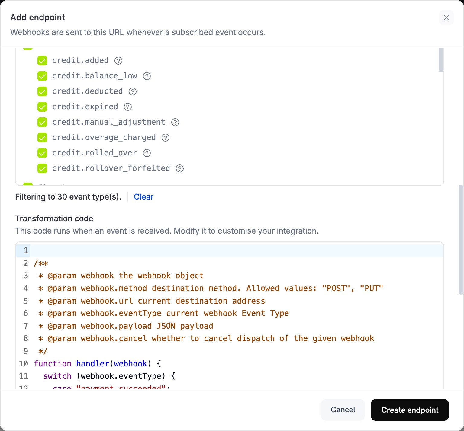 Transformation code editor with the Slack handler for payment events