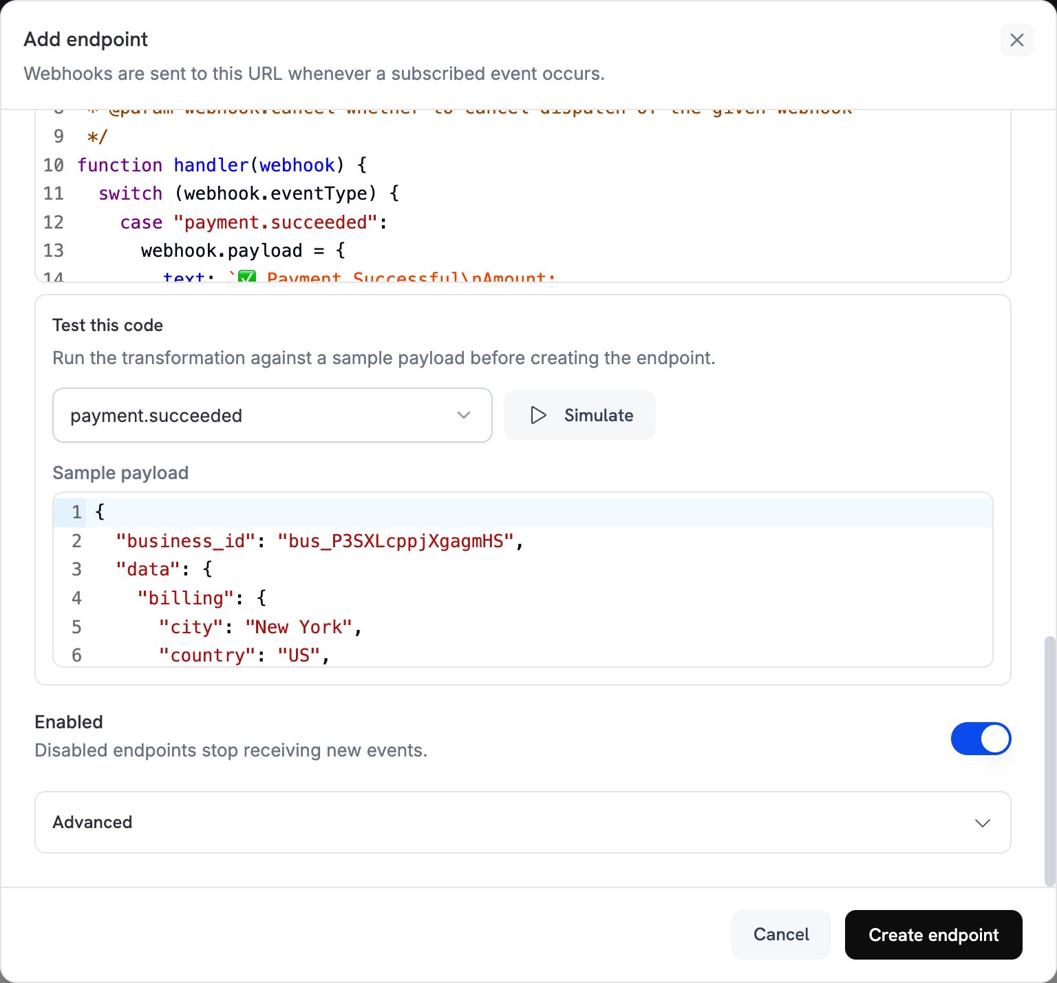 Test this code panel with payment.succeeded selected, a Simulate button, and the Create endpoint button