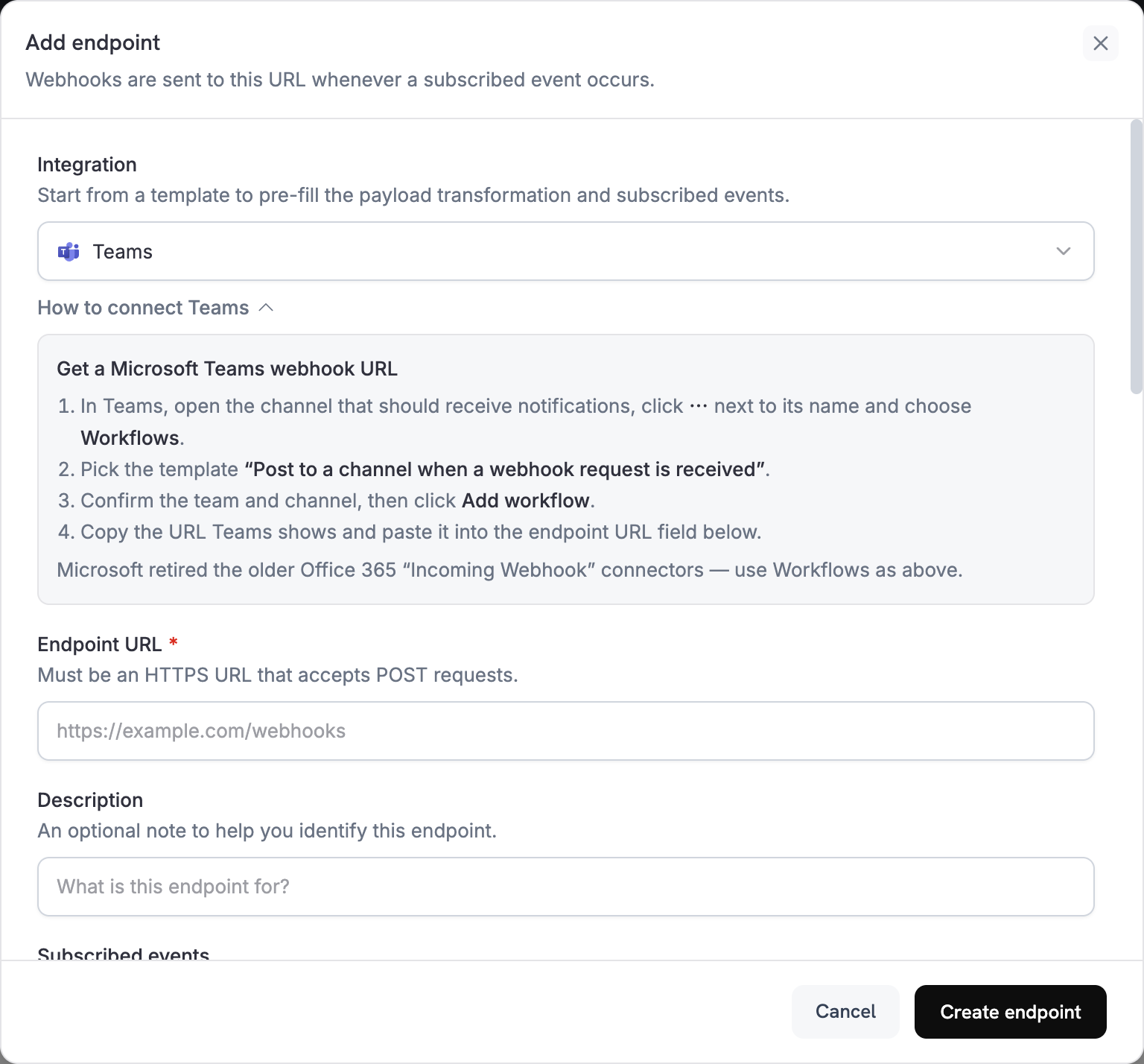 Add endpoint dialog with Teams selected in the Integration dropdown